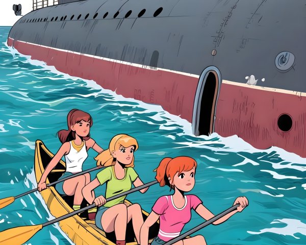 Young Women Canoeing Near Submarine in Blue Water