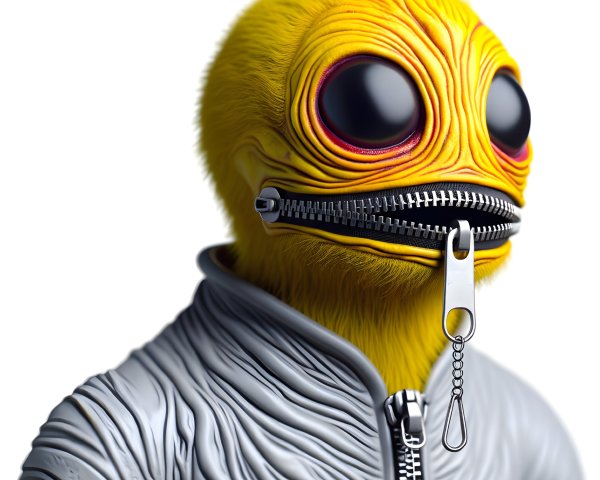 Quirky humanoid character with yellow head and zipper mouth