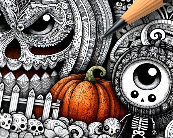 Intricate Black and White Illustration with Pumpkin and Skulls