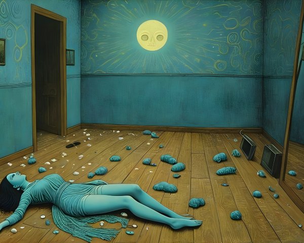 Surreal Room with Lifeless Figure and Skull Sun