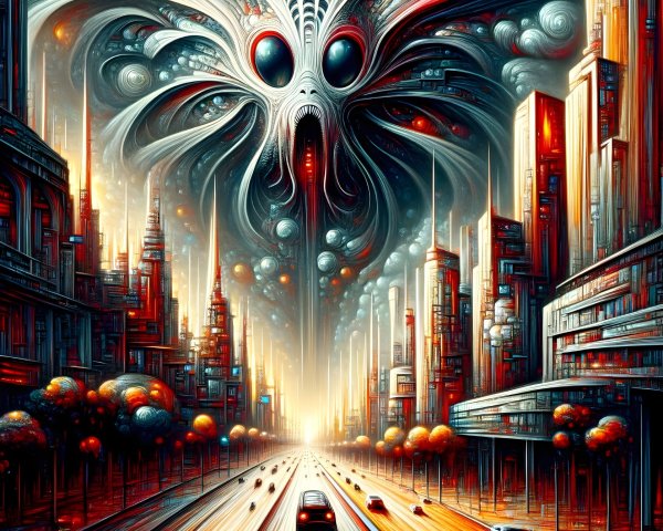 Surreal Cityscape with Ethereal Being and Skyscrapers