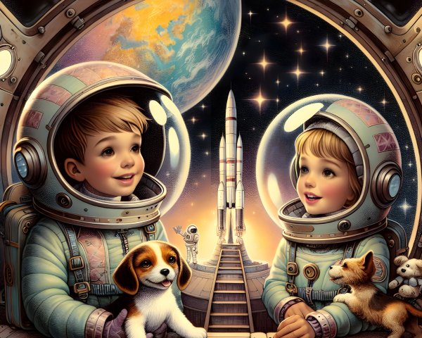 Children in astronaut suits with dogs in space scene