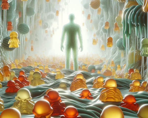 Surreal Landscape with Colorful Translucent Figures