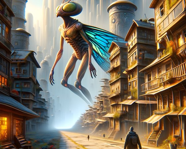 Futuristic cityscape with humanoid insect and lone figure