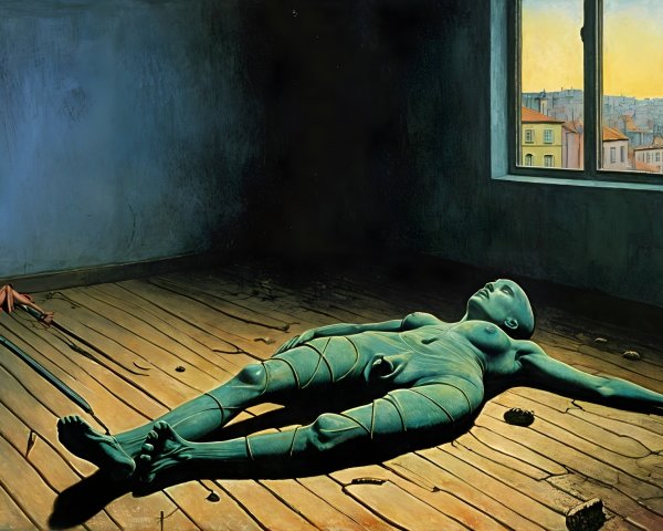 Surreal Green Humanoid Figure on Wooden Floor