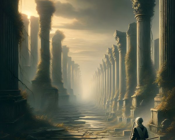 Digital painting of a woman mopping a stone path