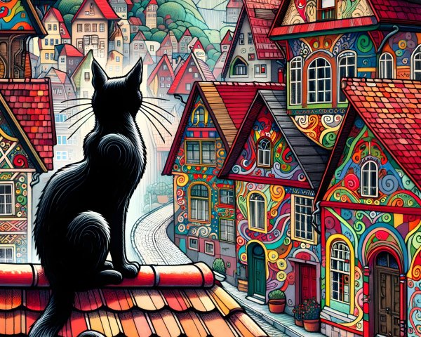 Black Cat on Colorful Rooftop Overlooking Village