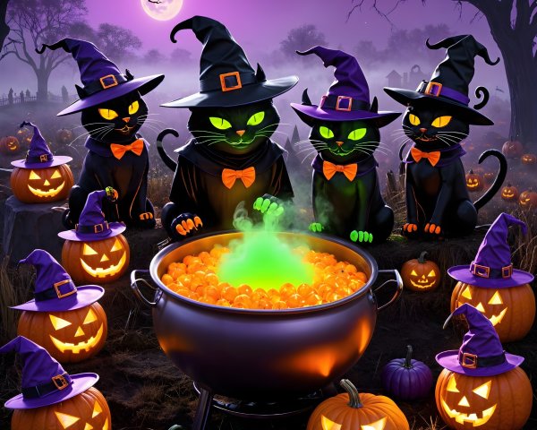 Whimsical Black Cats in Halloween Cauldron Scene