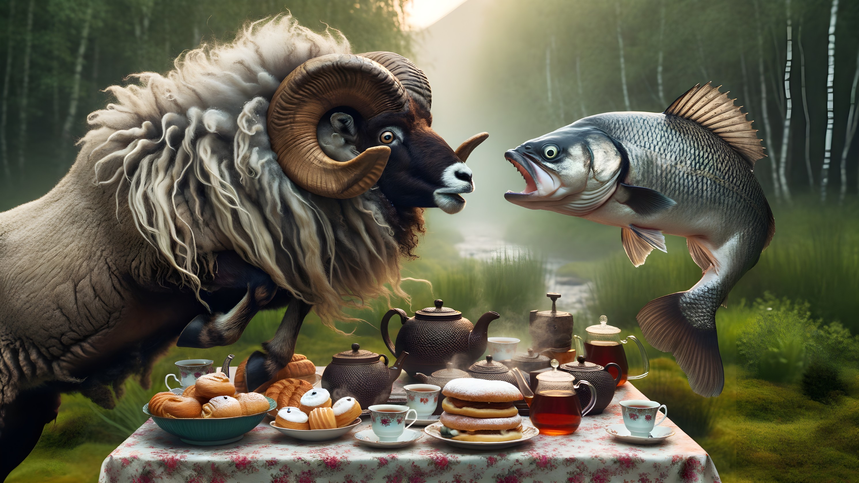 Whimsical Scene of Ram and Fish in a Serene Forest
