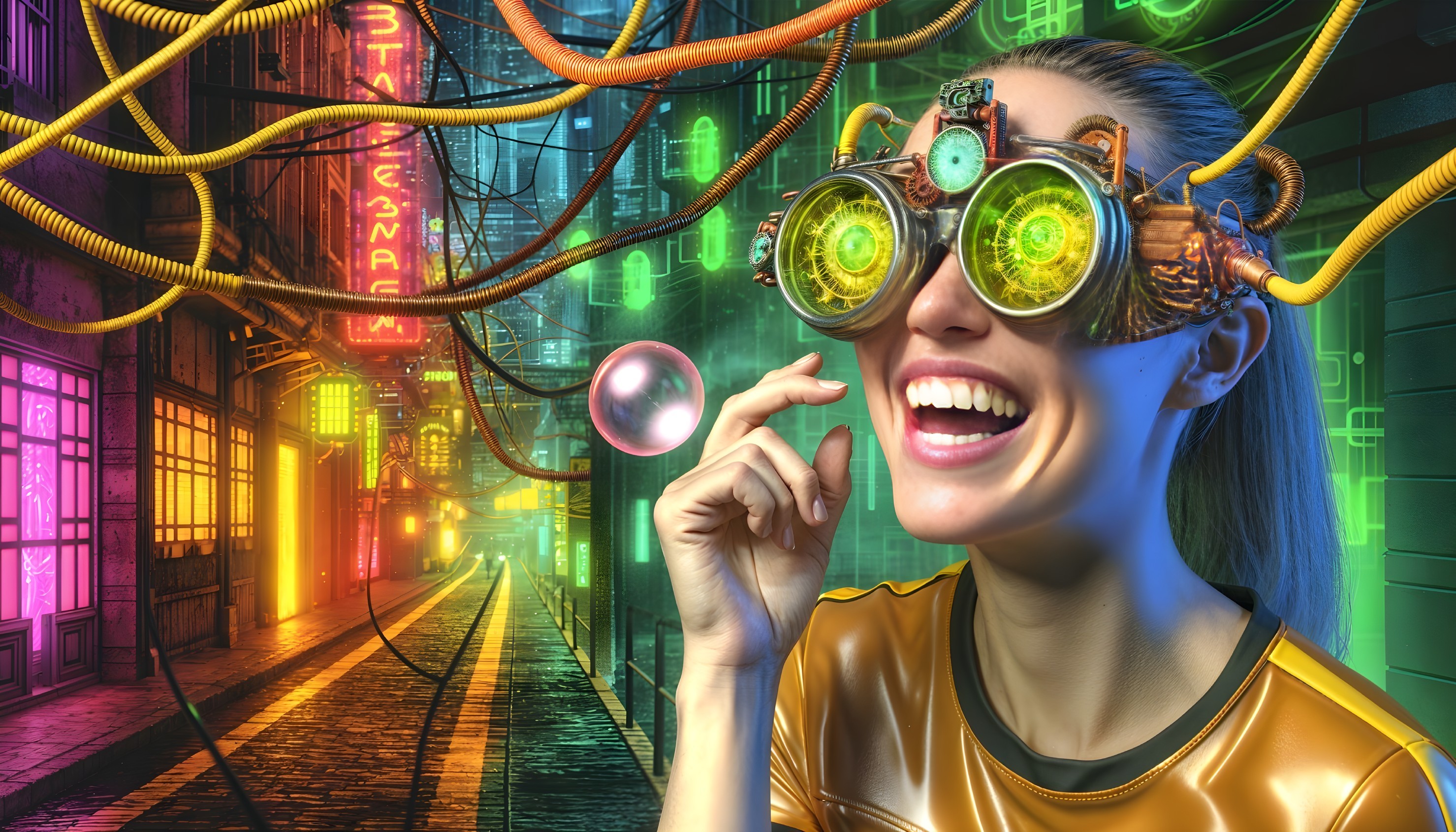 Woman in Futuristic Goggles in Neon Cyberpunk City