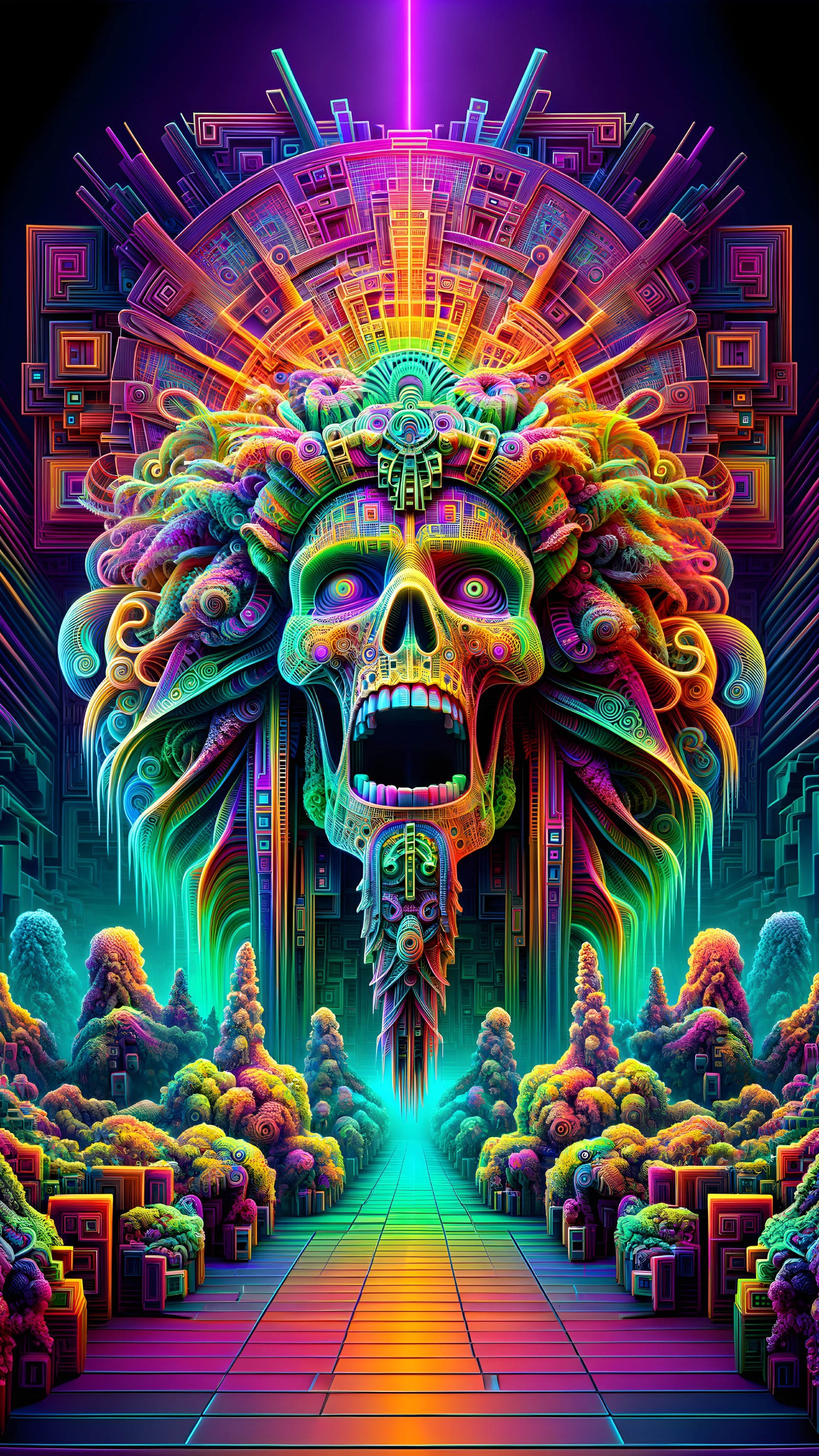 Psychedelic Landscape with Colossal Skull and Neon Colors