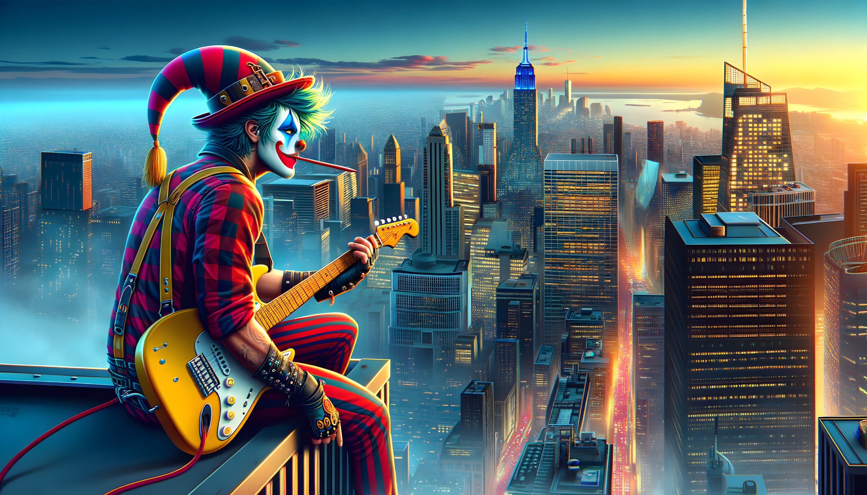 Clown with Electric Guitar on Skyscraper at Sunset