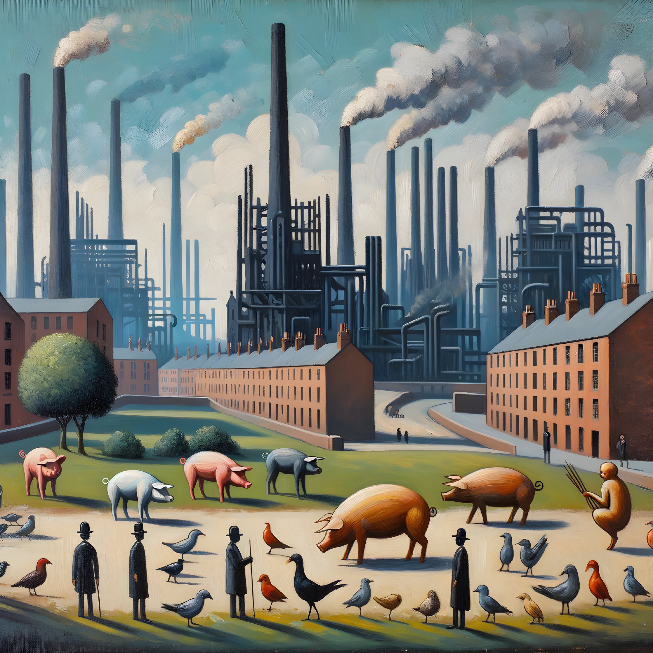 Surreal Industrial Landscape with Anthropomorphized Animals