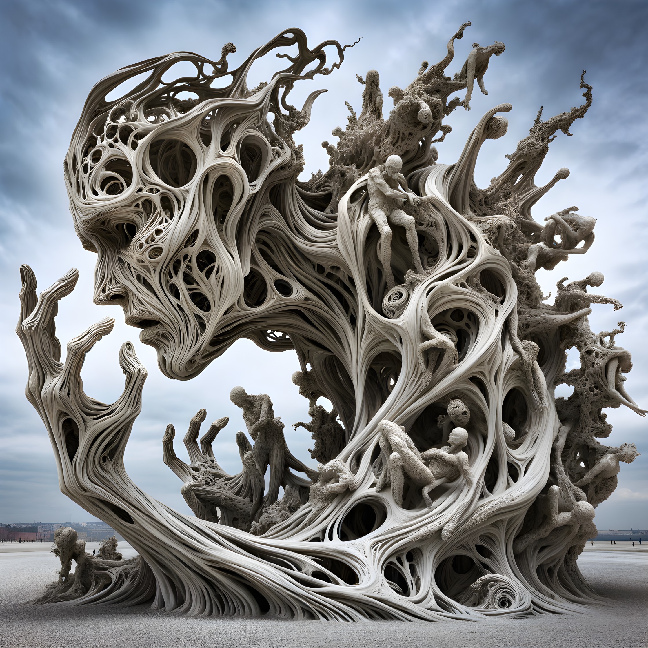 Abstract Human Face Sculpture with Miniature Figures