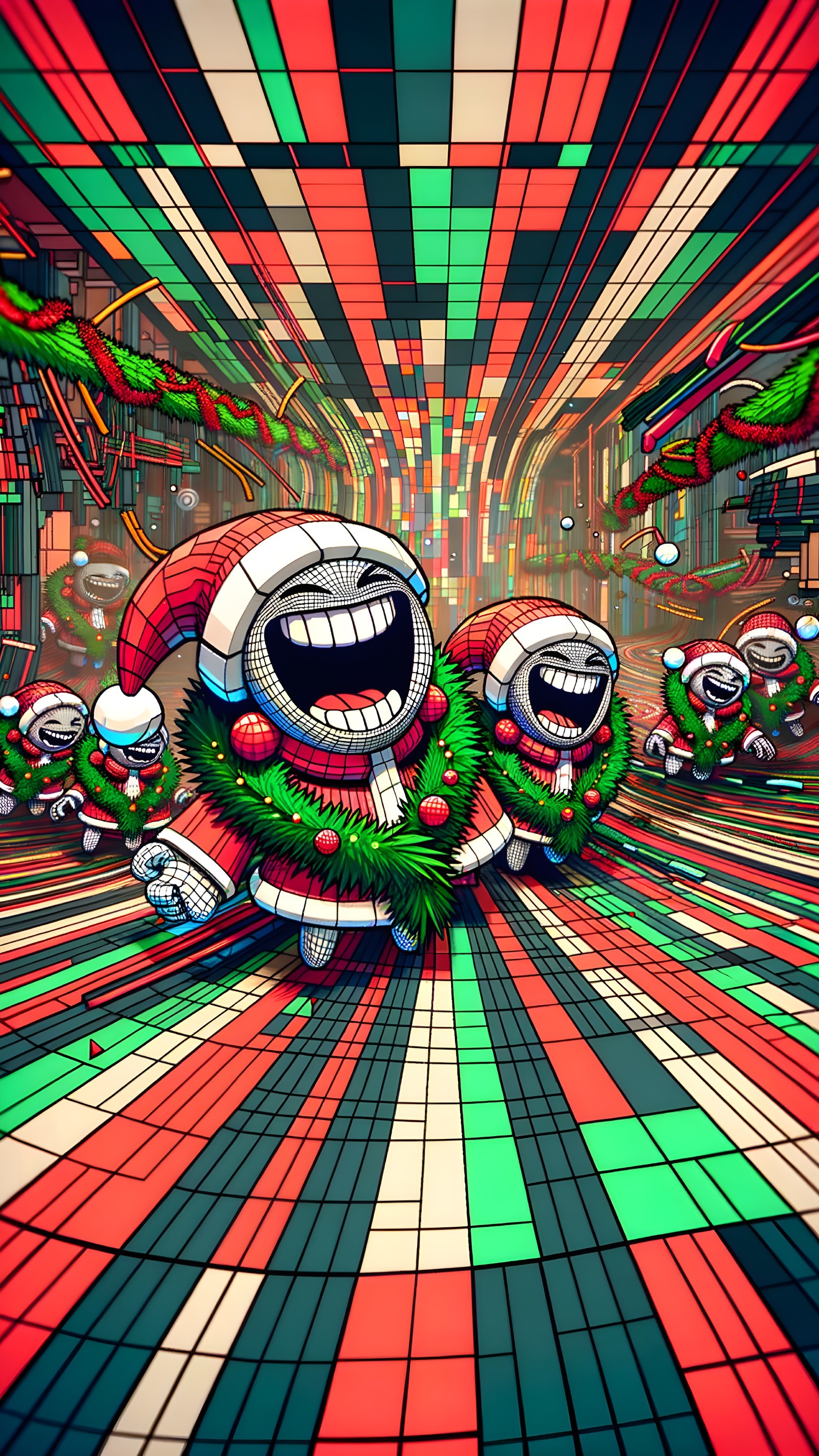 Whimsical Santa Figures in a Colorful Holiday Tunnel