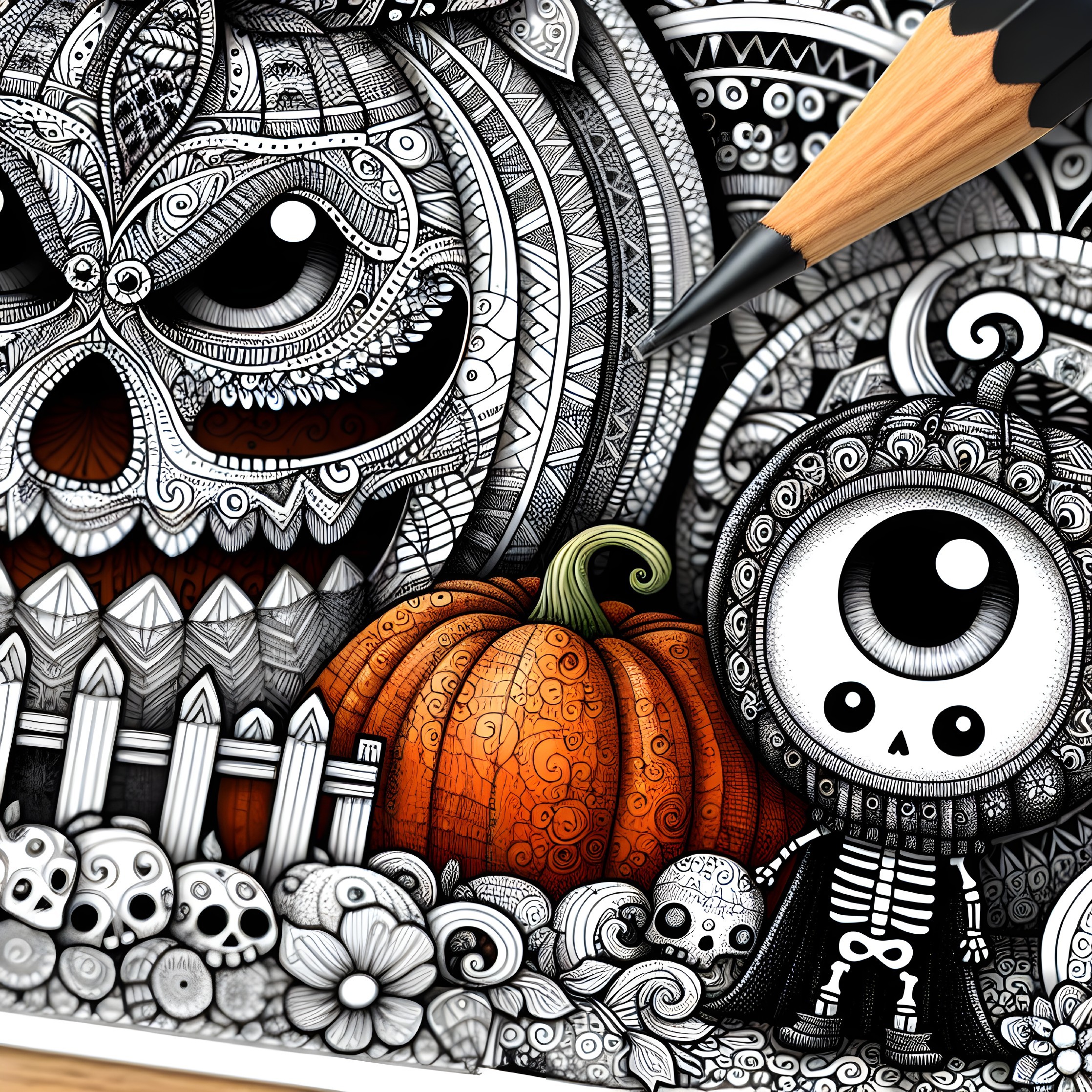 Intricate Black and White Illustration with Pumpkin and Skulls