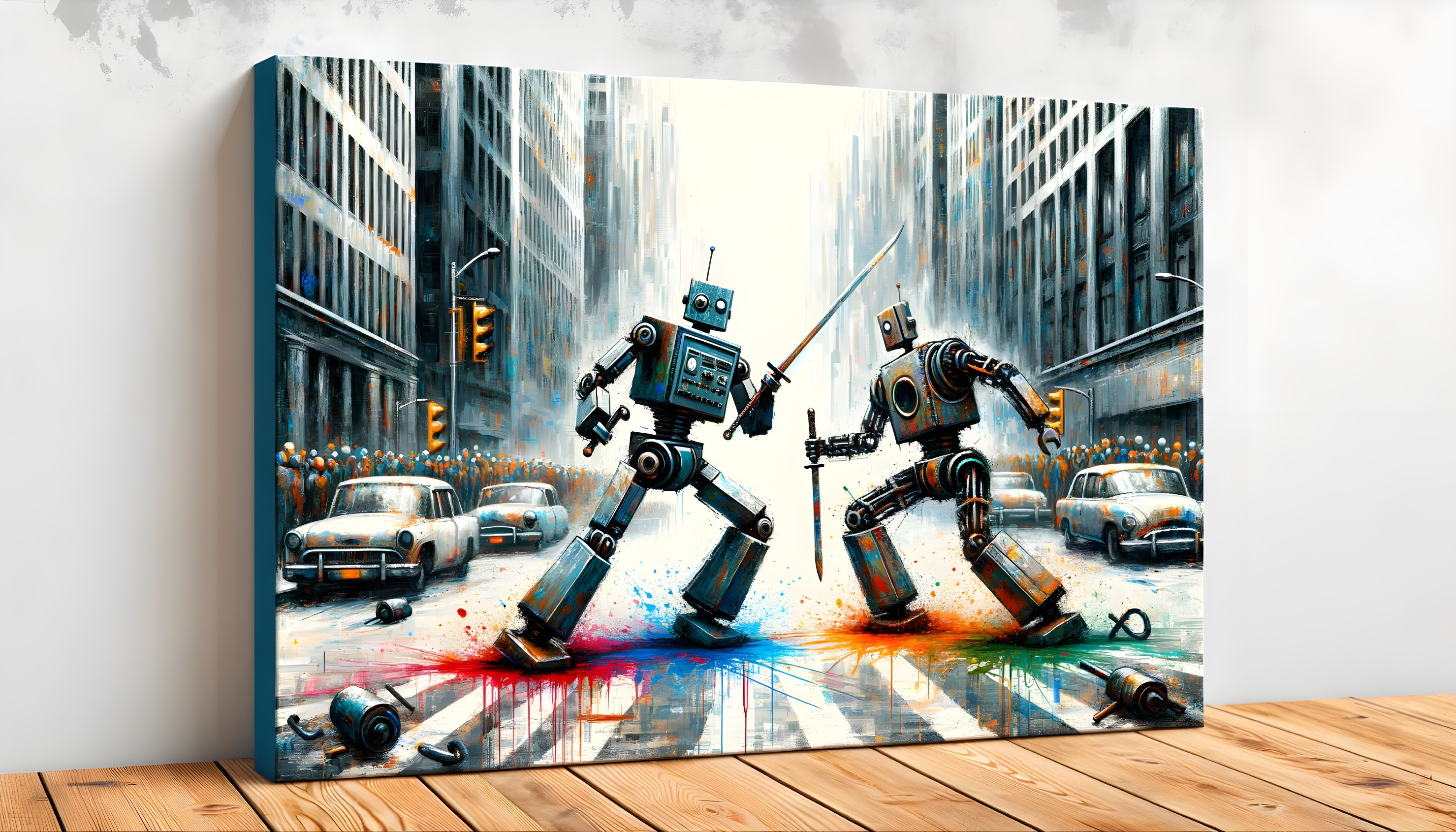 Whimsical Robots Sword Fighting in Vibrant City Street