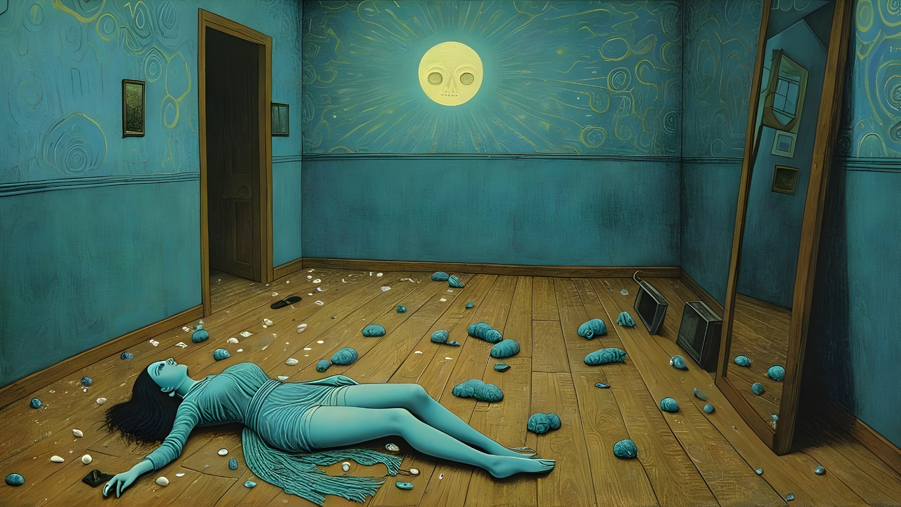 Surreal Room with Lifeless Figure and Skull Sun