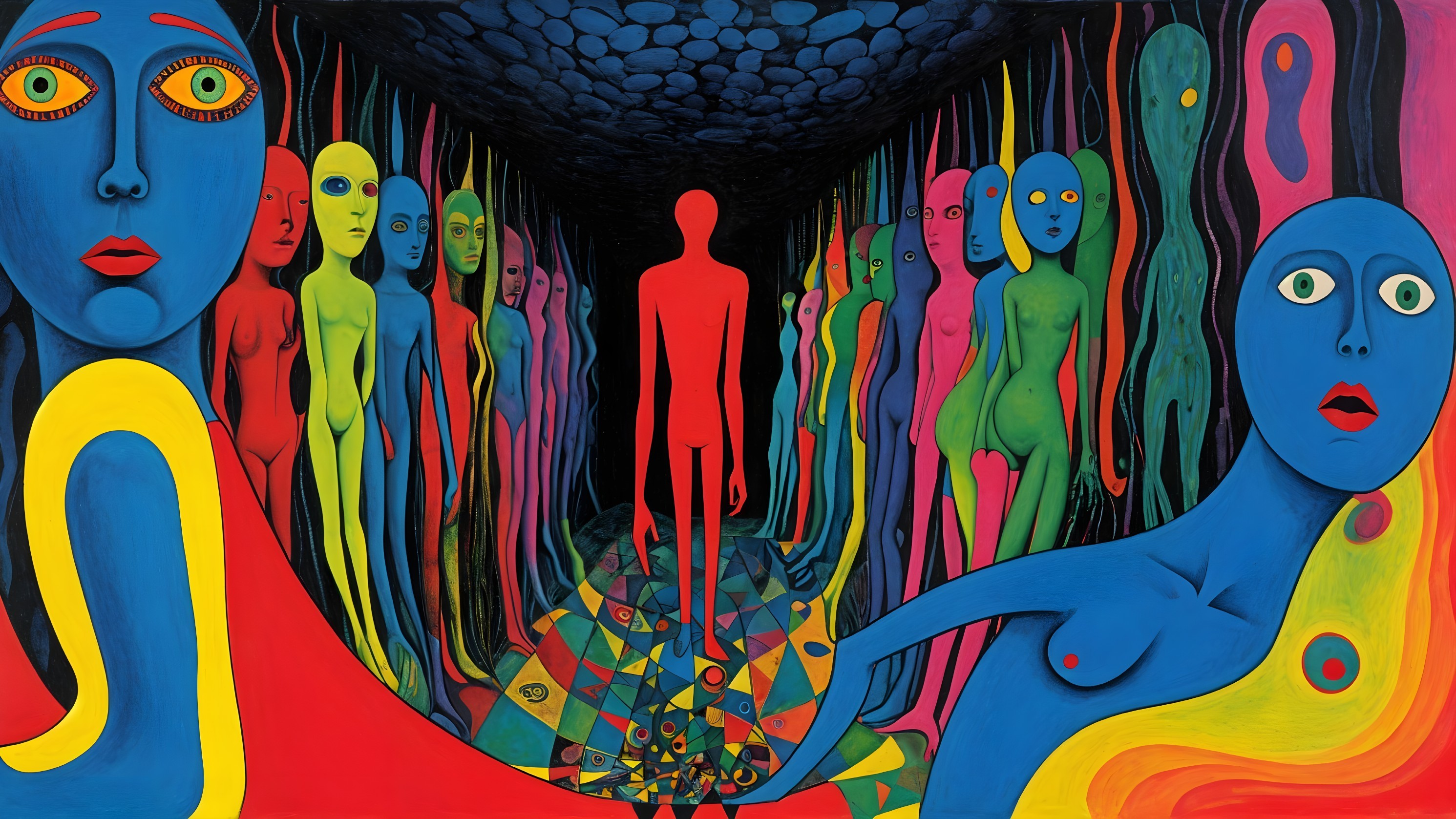 Surreal Artwork with Central Figure and Abstract Figures