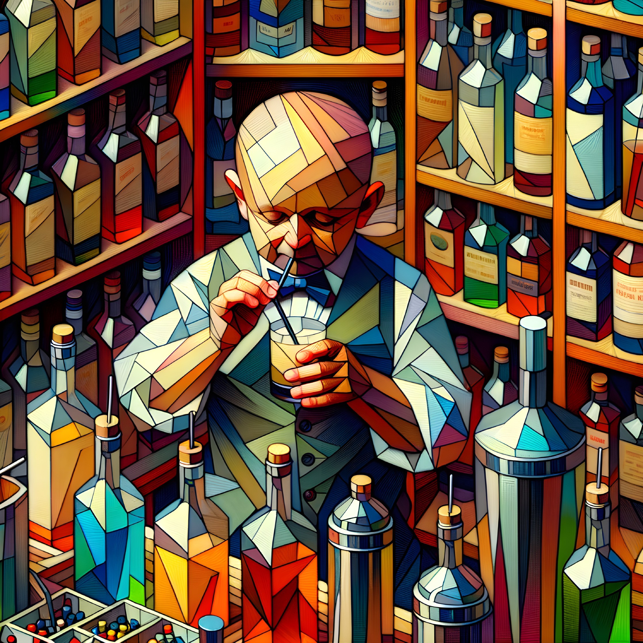 Bald Bartender Mixing Drinks in Geometric Style