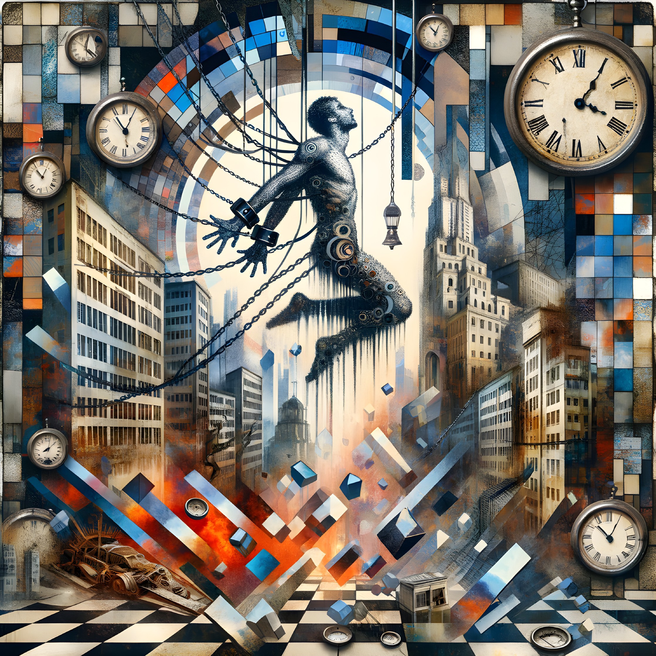 Surreal Cityscape with Floating Figure and Clocks