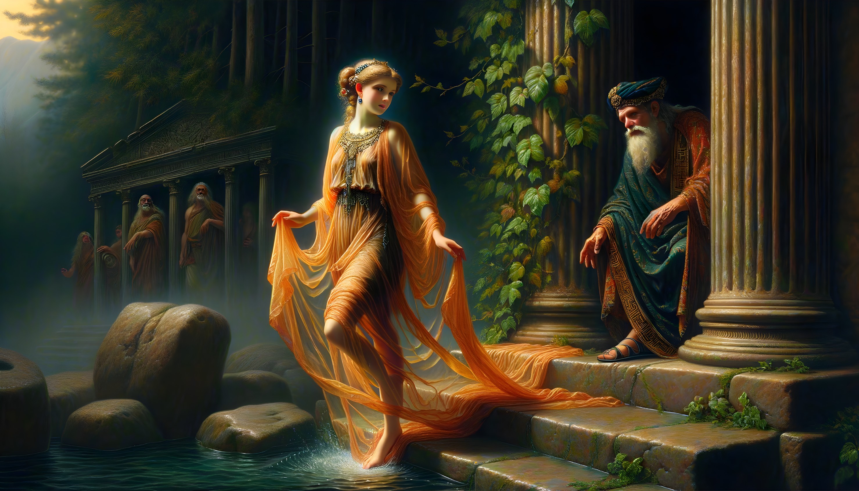 Mystical Scene of Woman and Old Man Among Ruins