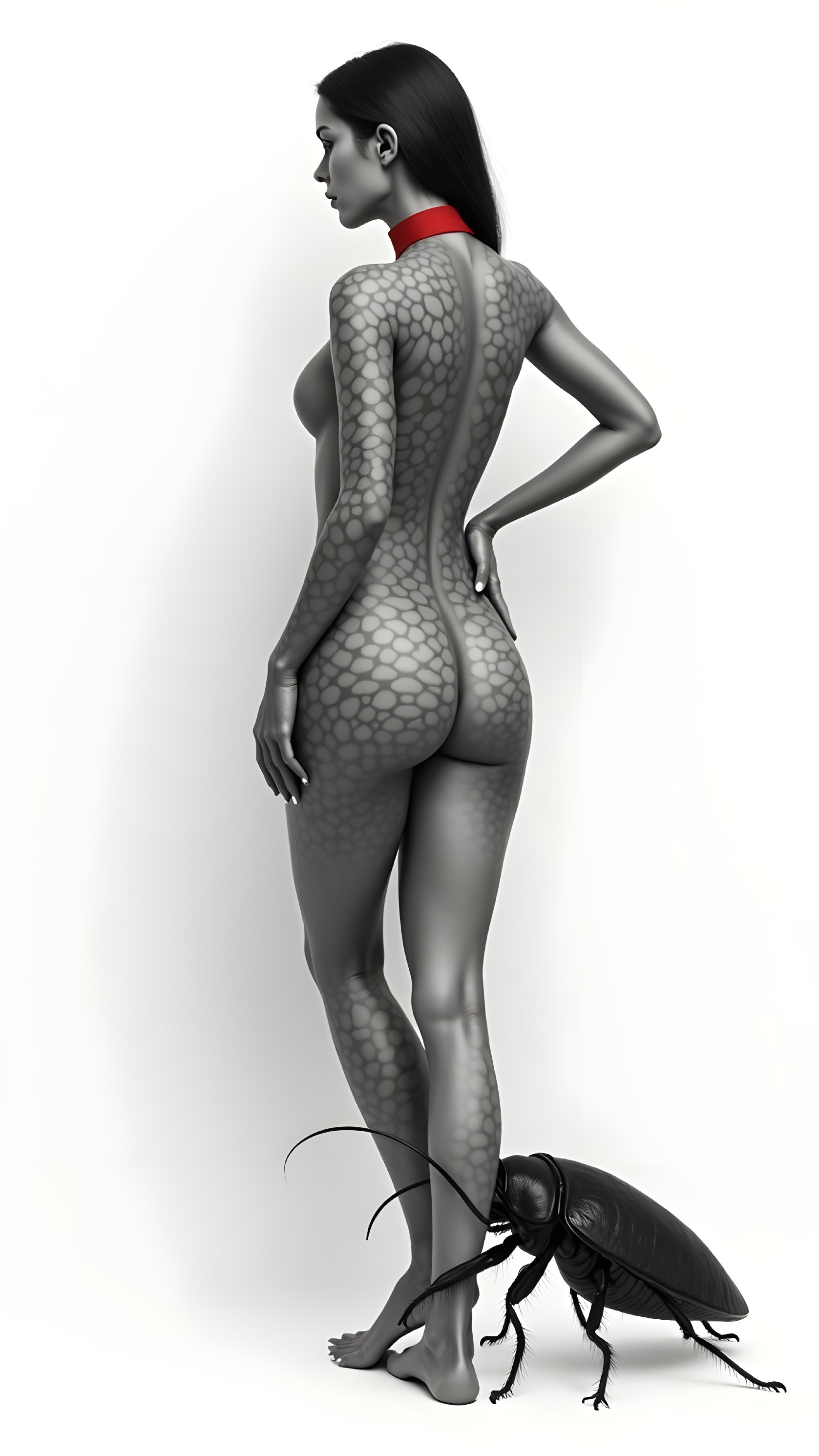Surreal Figure with Scale Patterns and Cockroach Contrast