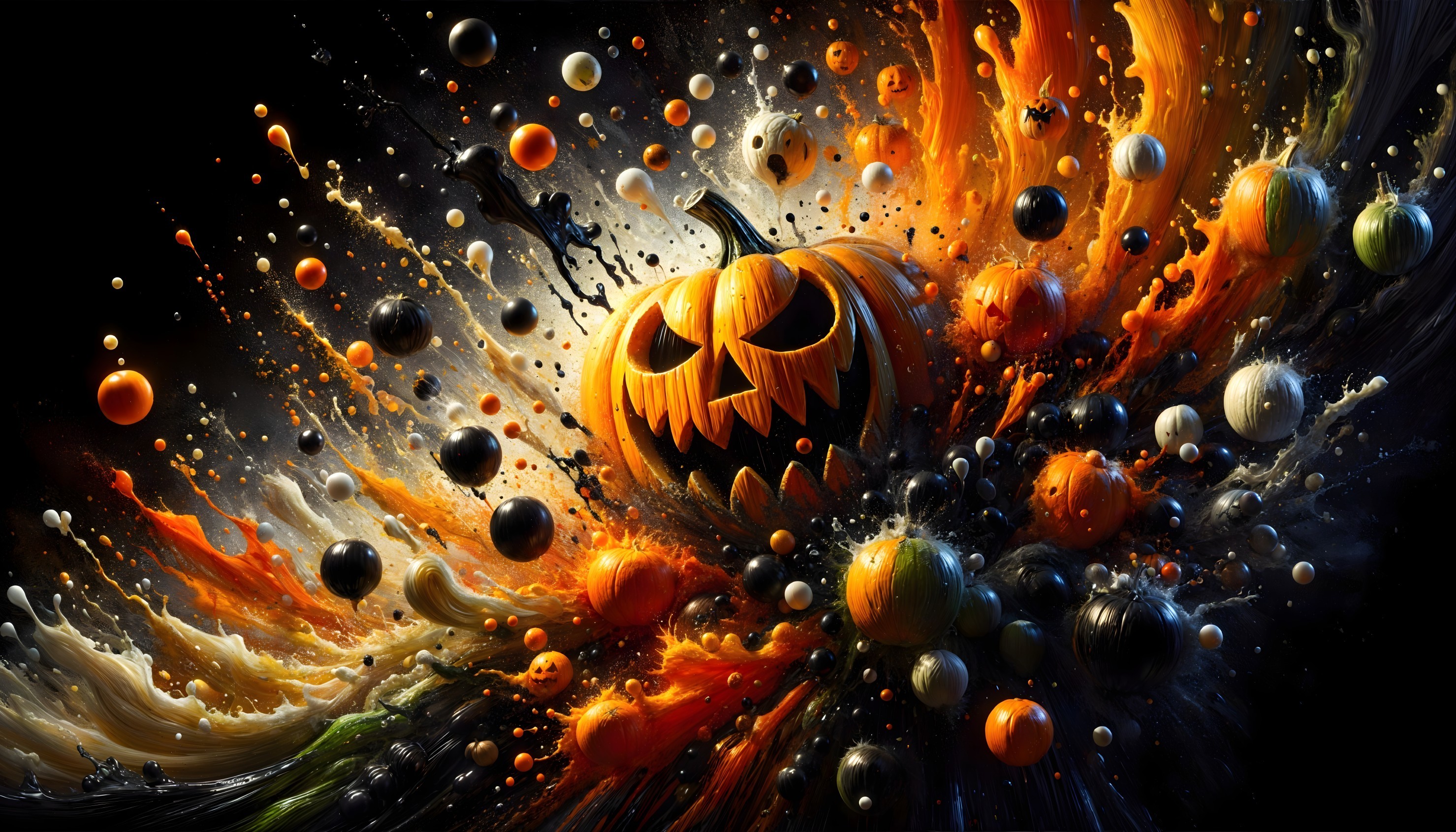 Halloween Artwork with Jack-o'-Lantern and Colorful Orbs