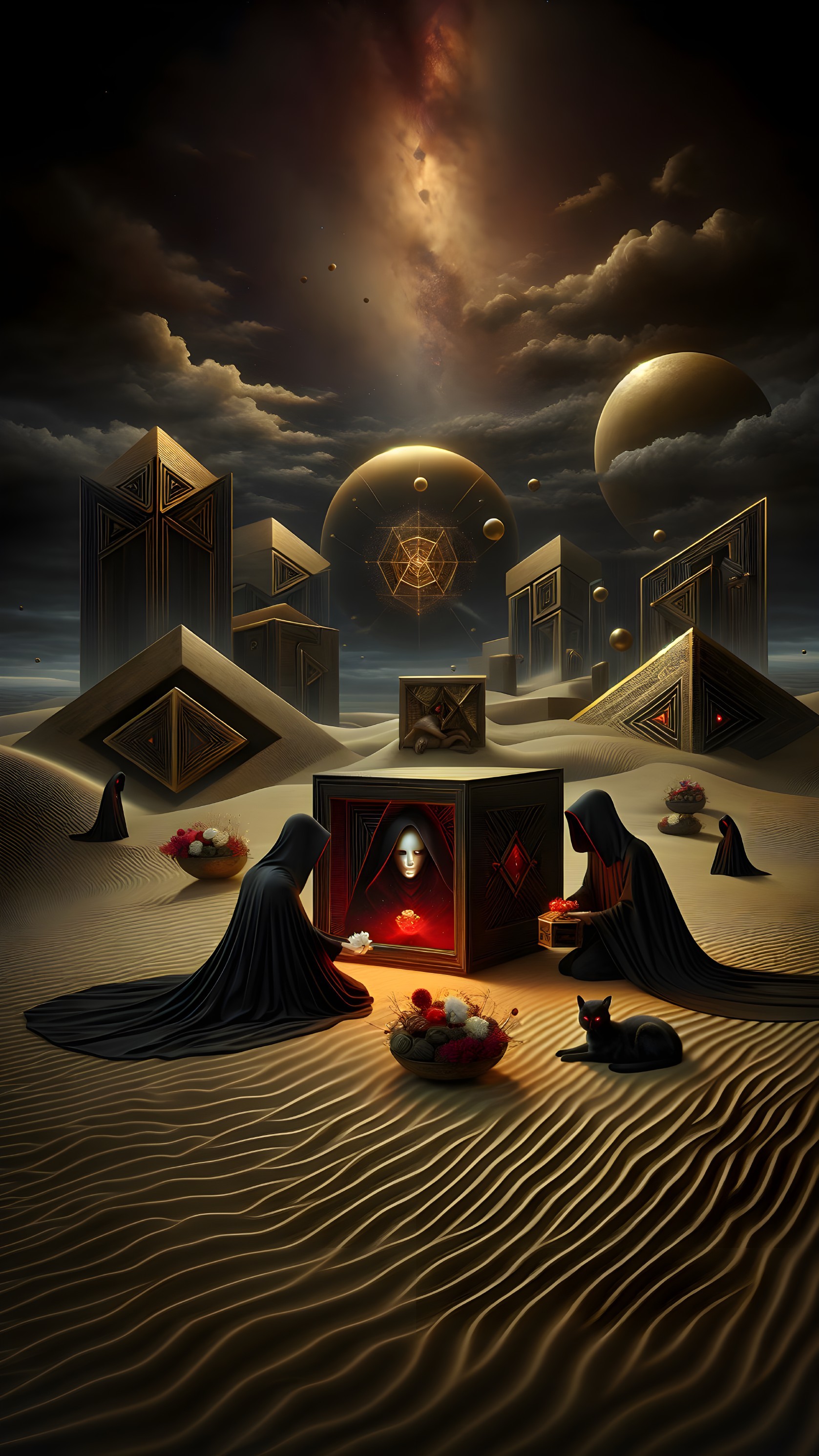 Surreal Desert Scene with Cloaked Figures and Black Cube