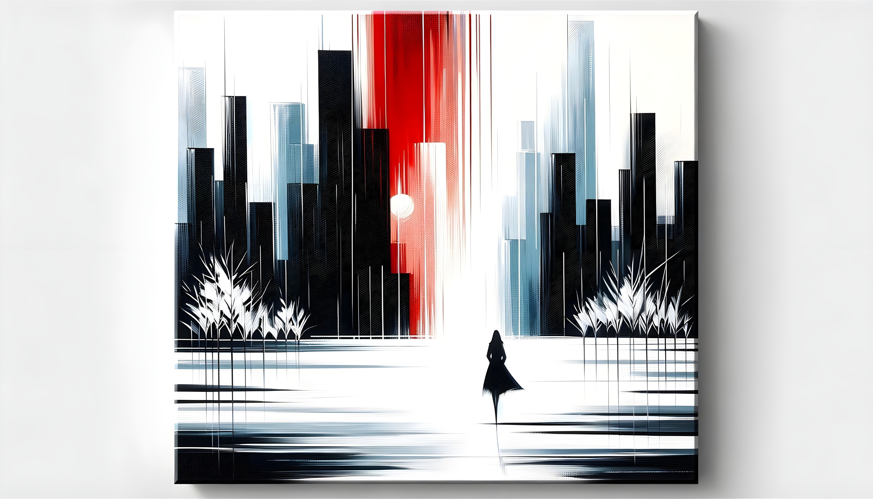 Monochromatic Cityscape with Skyscrapers and Figure