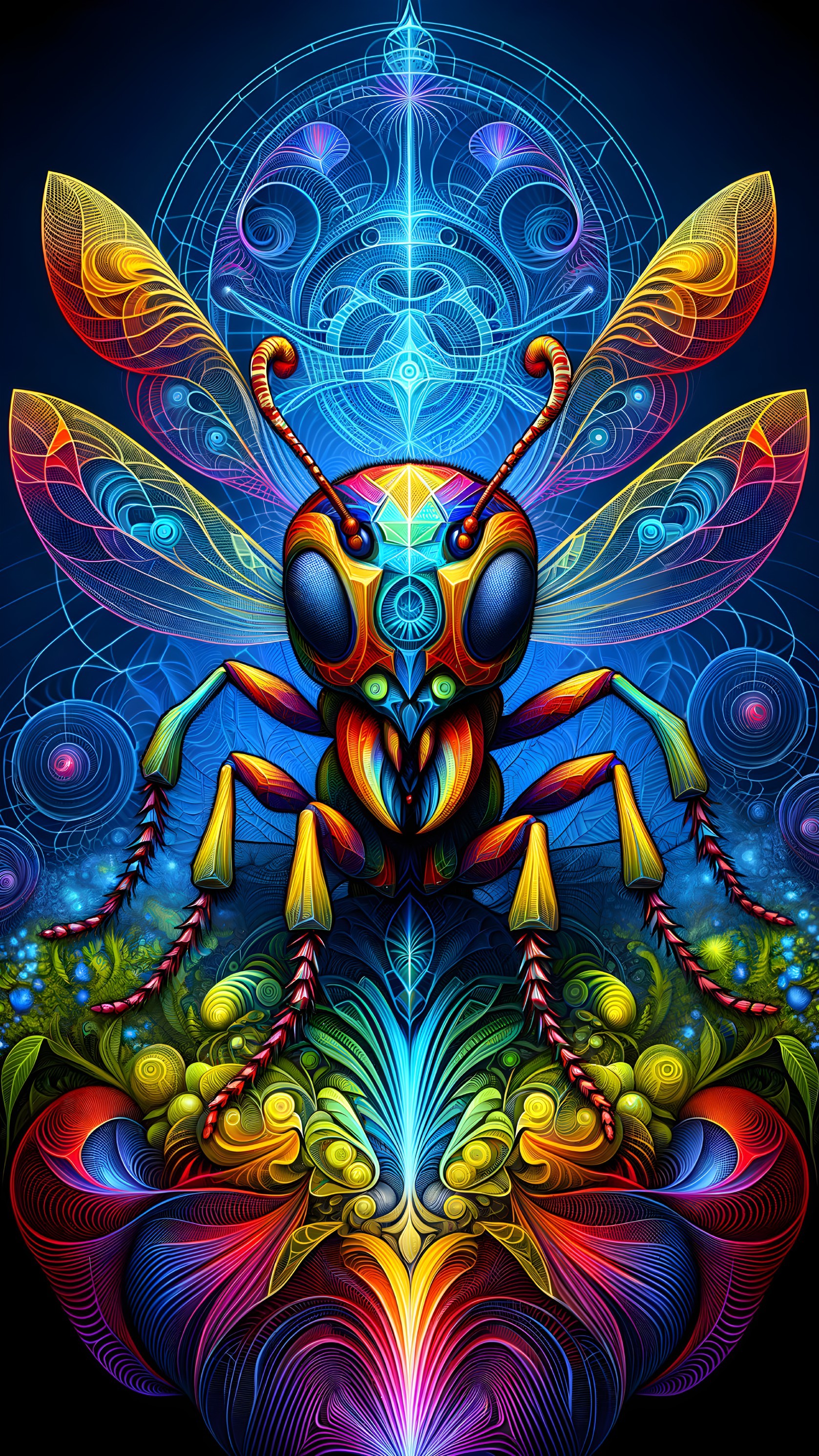 Vibrant Insect with Colorful Wings in Surreal Setting