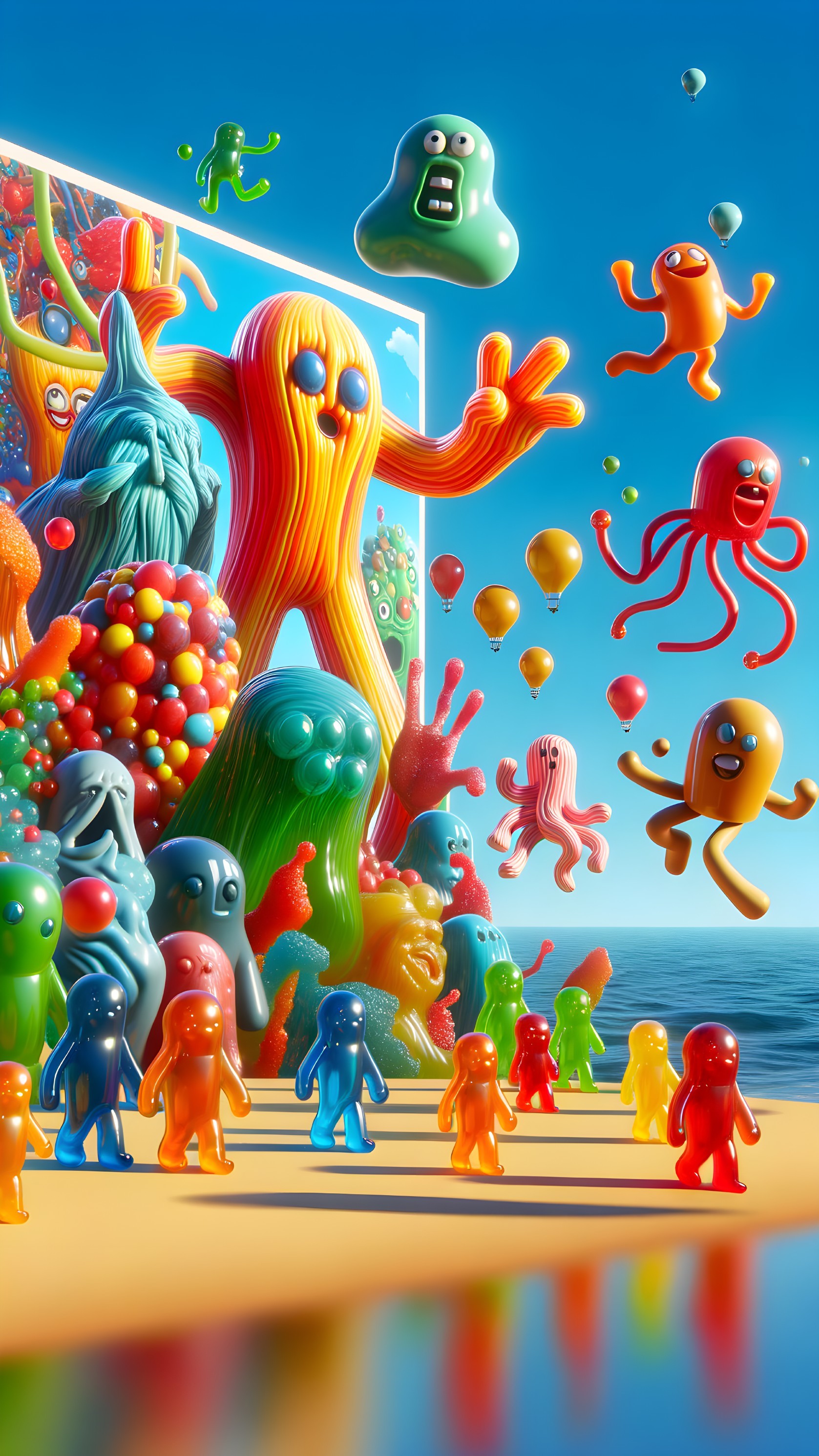 Surreal Beach Landscape with Colorful Creatures