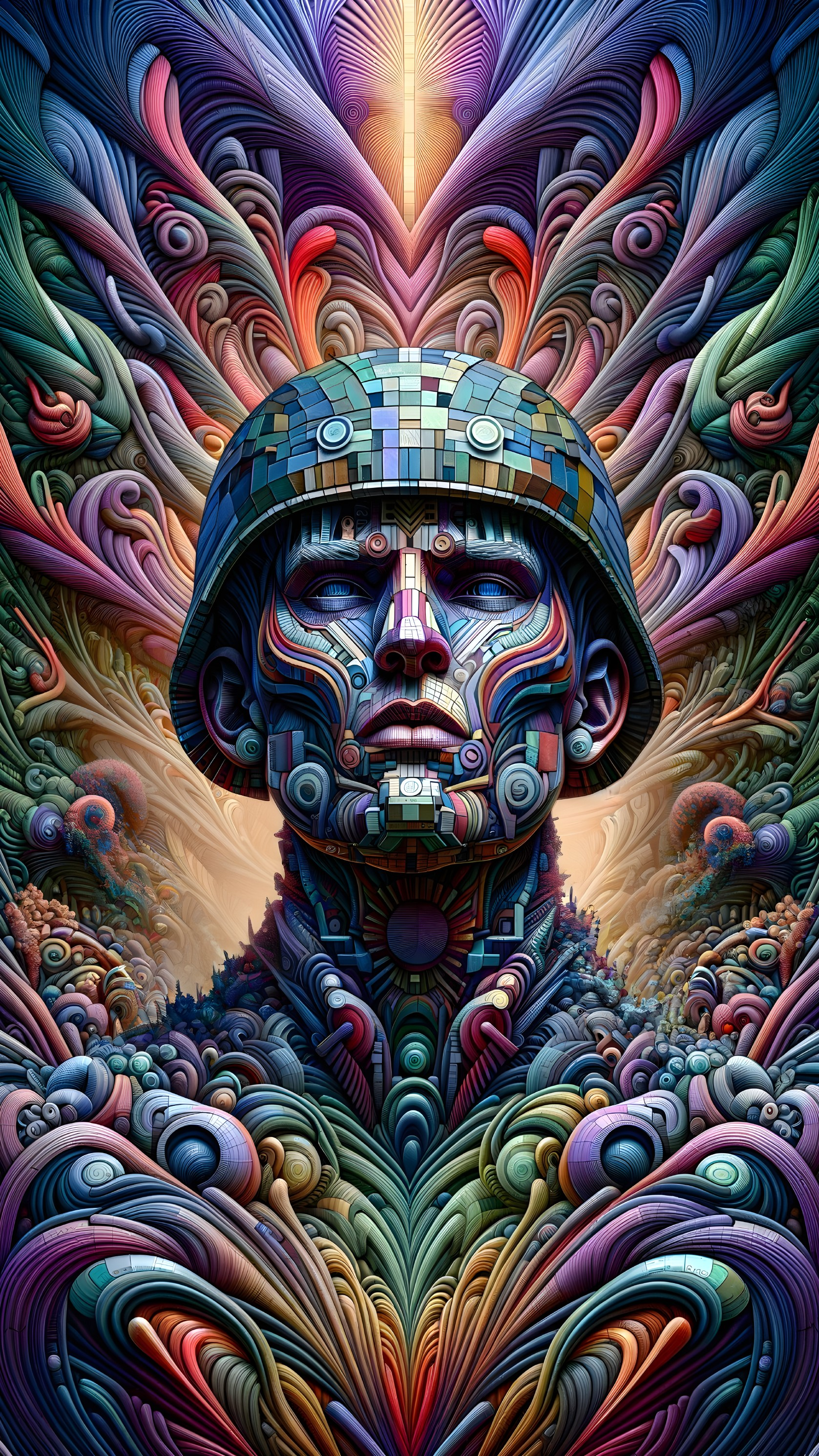 Surreal Soldier's Head with Colorful Geometric Patterns