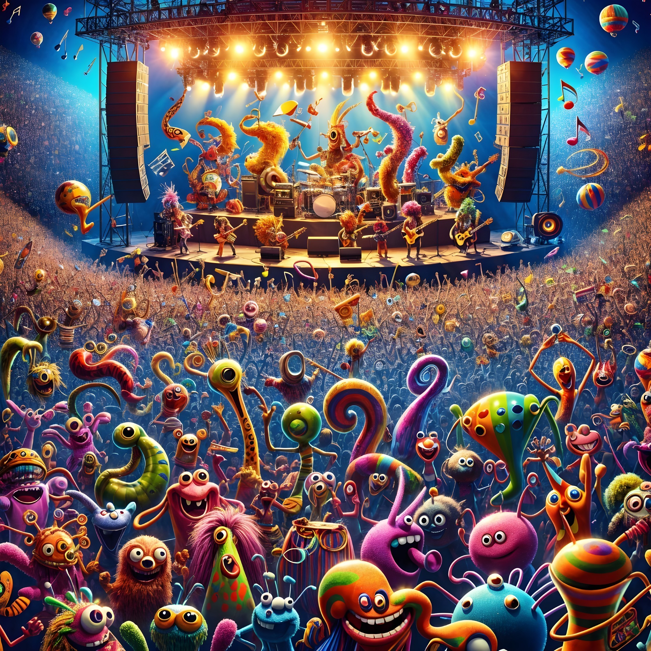 Lively Concert Scene with Colorful Animated Creatures