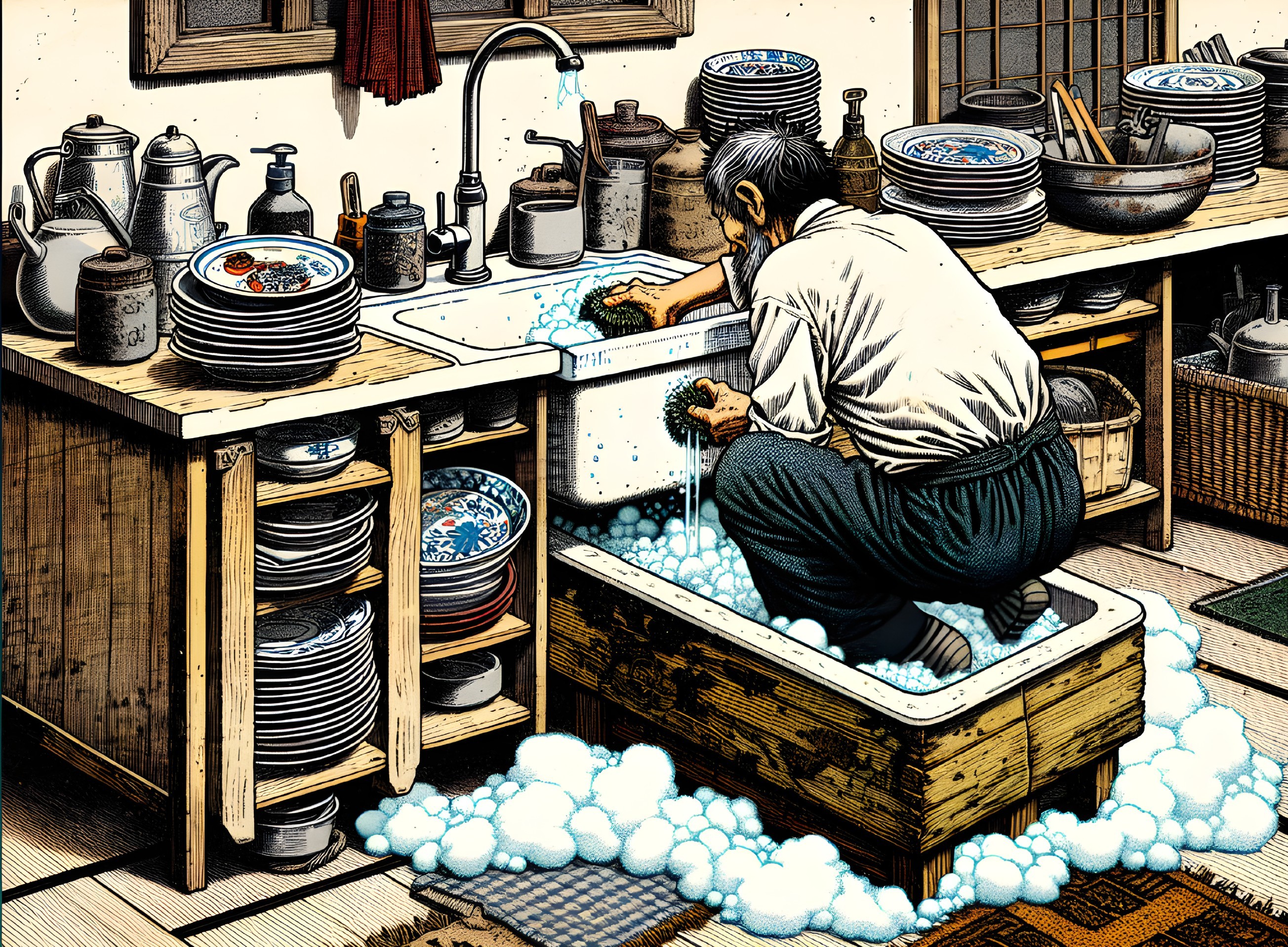 Man Washing Dishes in Rustic Kitchen with Bubbles