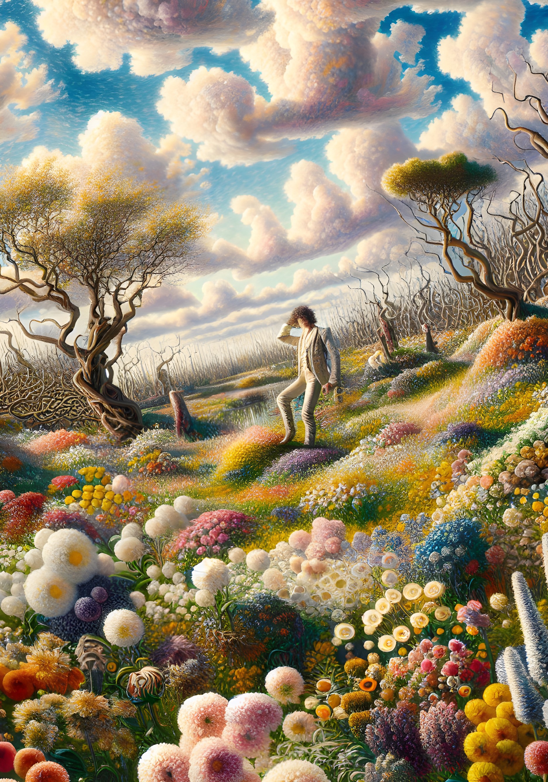 Whimsical Landscape with Vibrant Flowers and Clouds