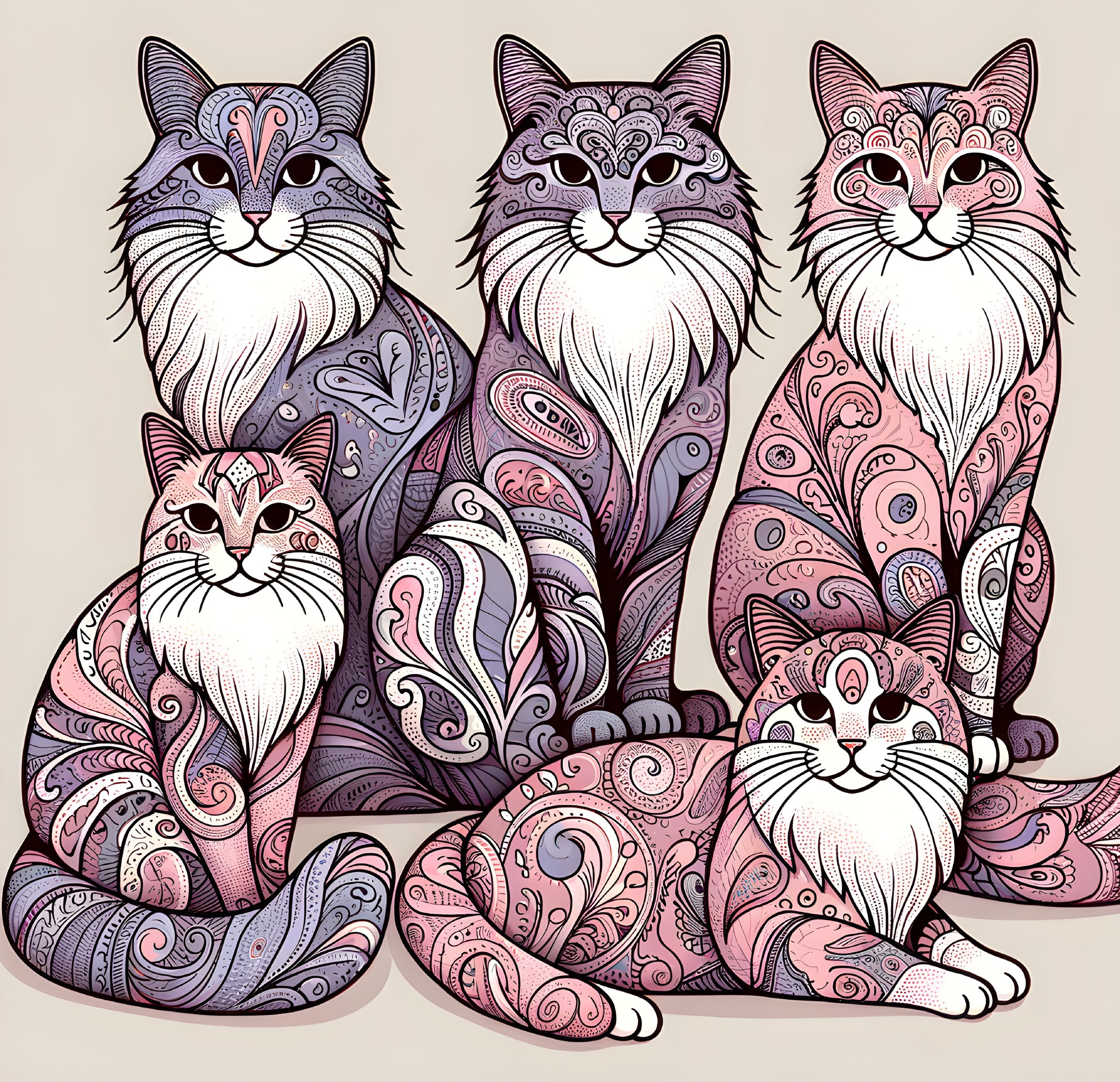 Vibrant Illustration of Five Stylized Cats in Patterns