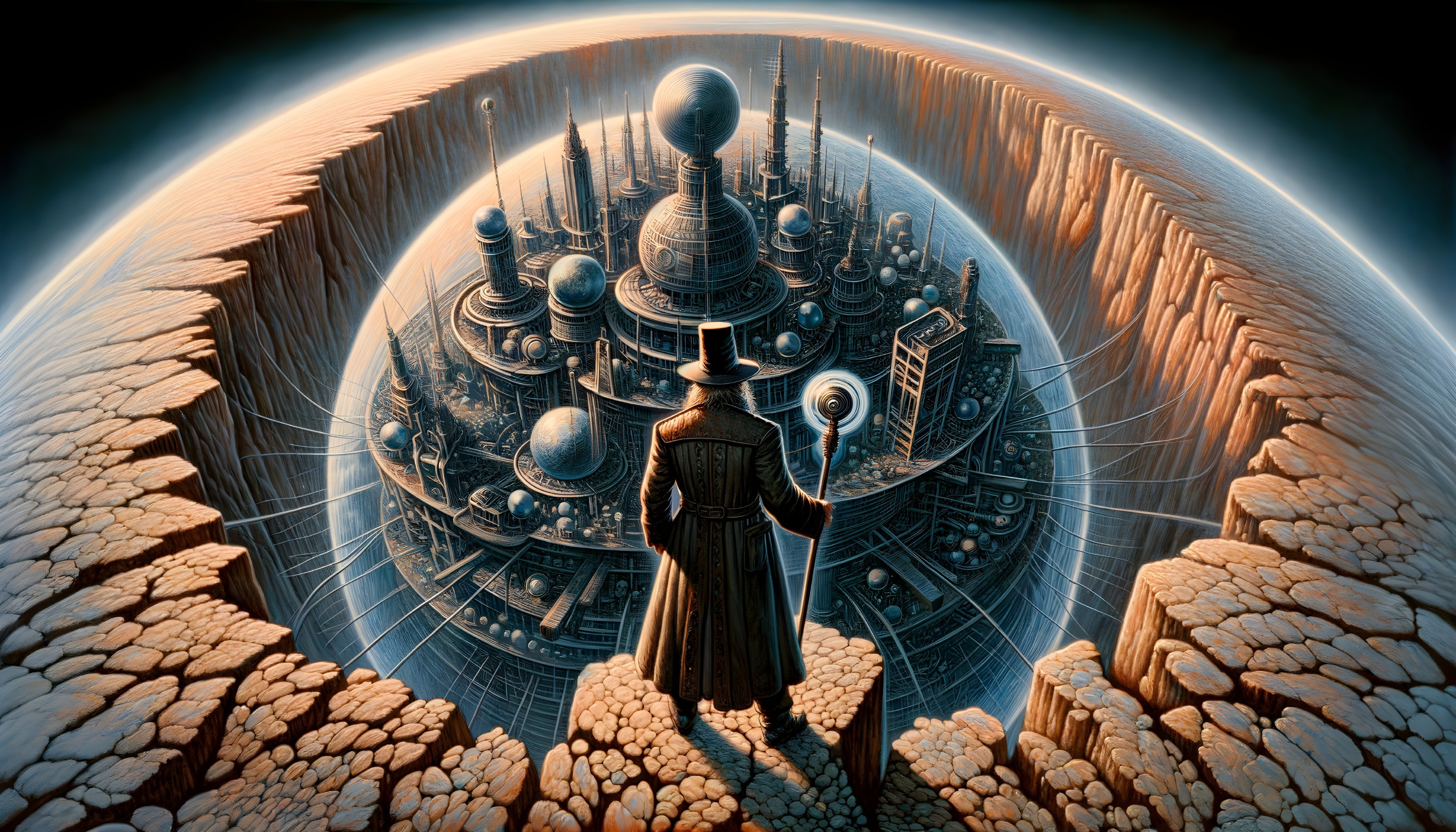 Figure in Top Hat Overlooking Futuristic Cityscape