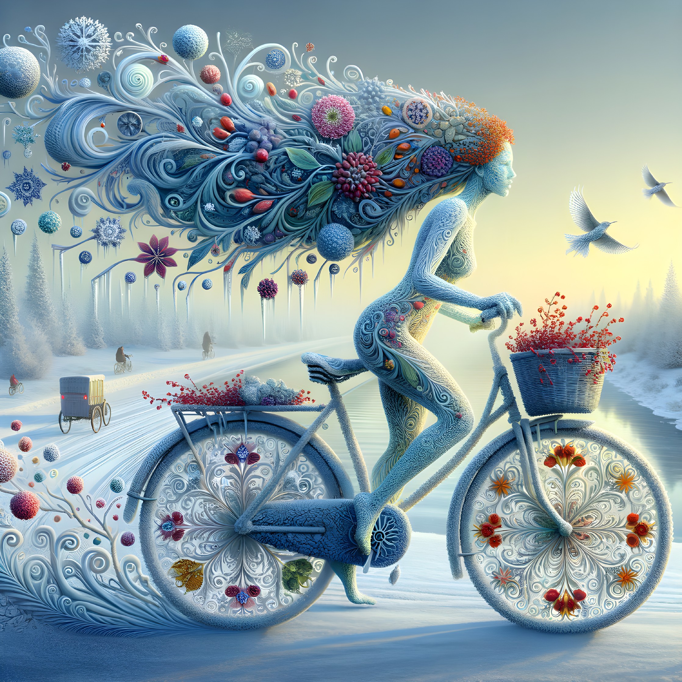 Whimsical Surreal Scene of Ethereal Woman on Bicycle