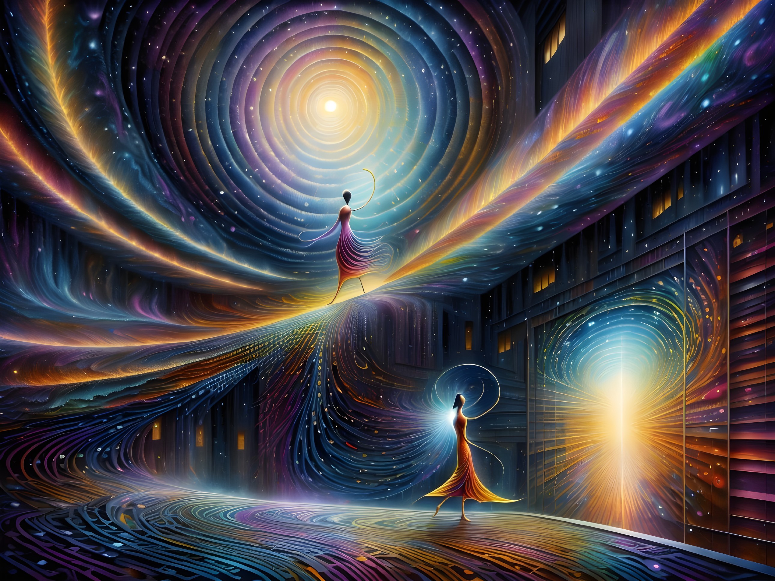 Cosmic Dance of Light and Color in Surreal Setting