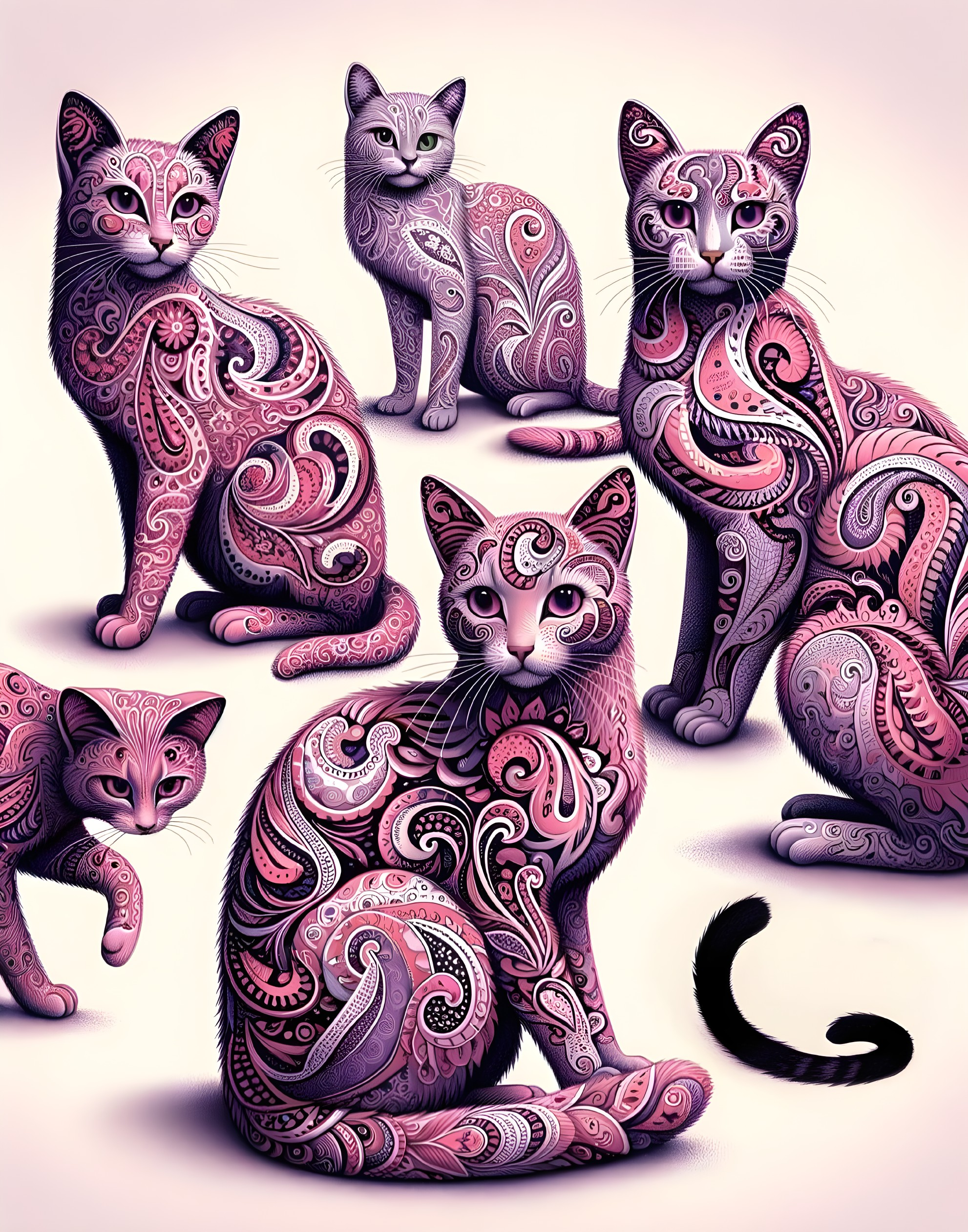 Whimsical Cats with Intricate Patterns in Pink and Purple