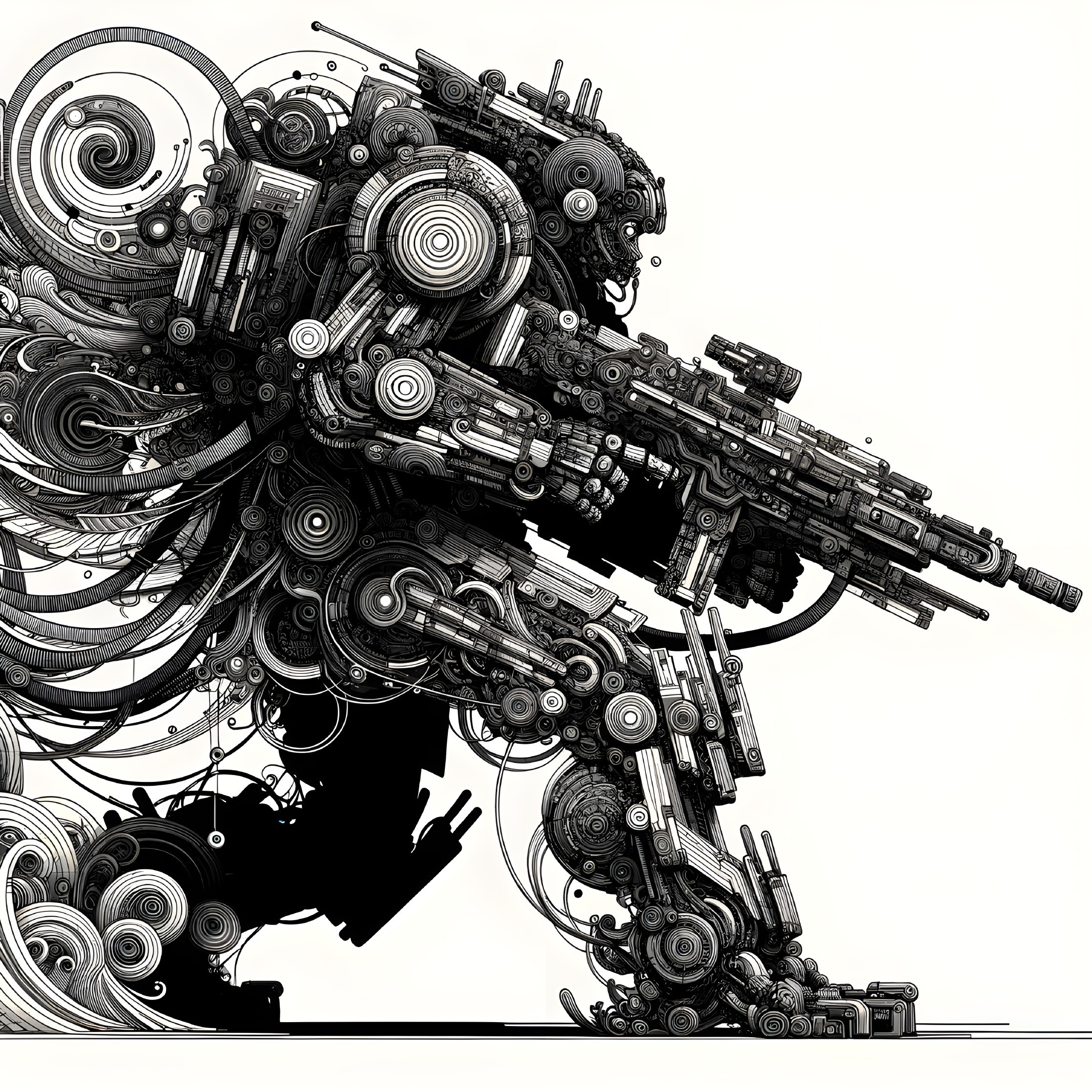 Stylized Silhouette of a Soldier with Mechanical Patterns