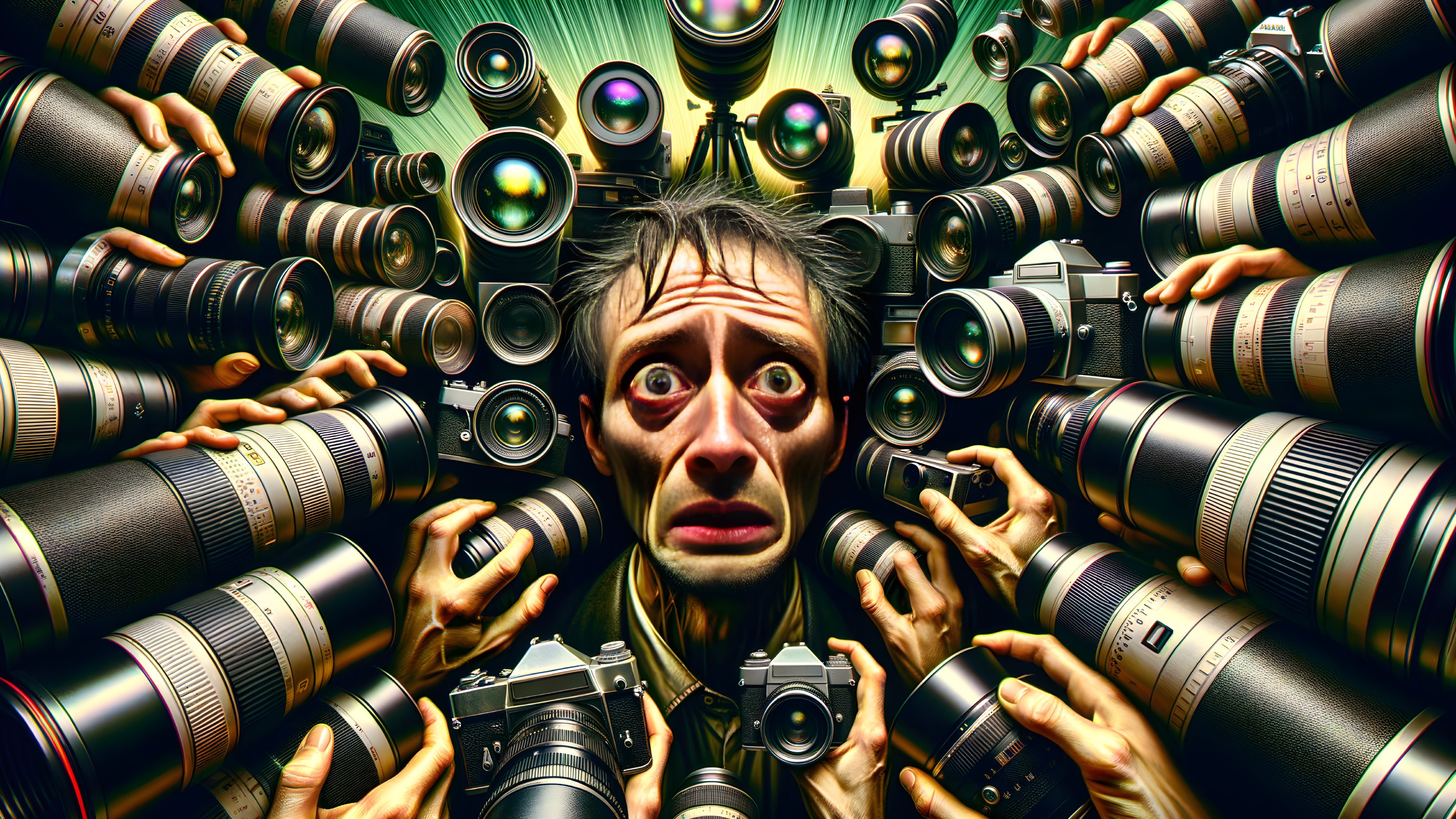Man in Chaotic Scene Surrounded by Cameras and Colors