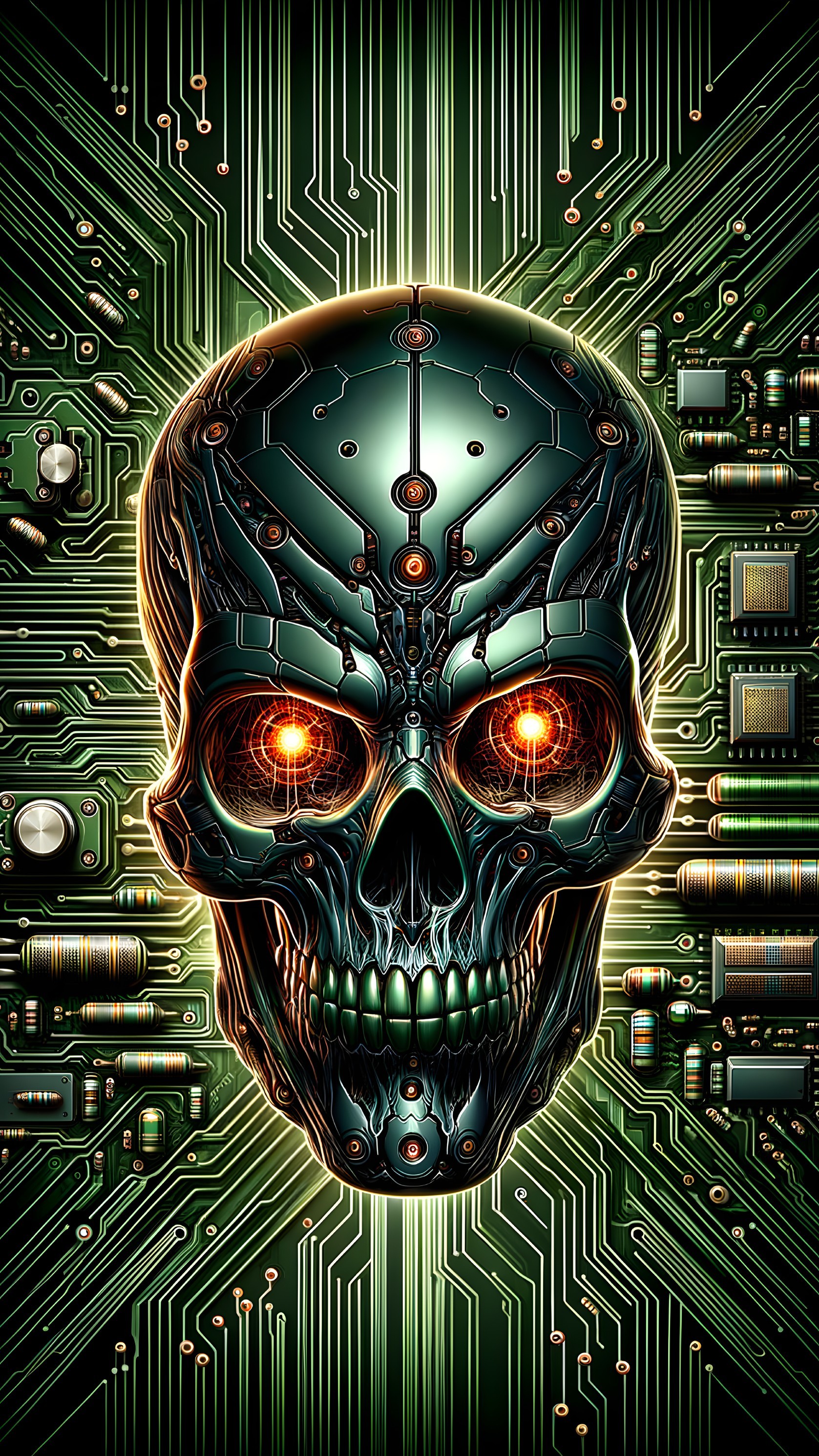 Futuristic Skull with Circuitry and Glowing Eyes