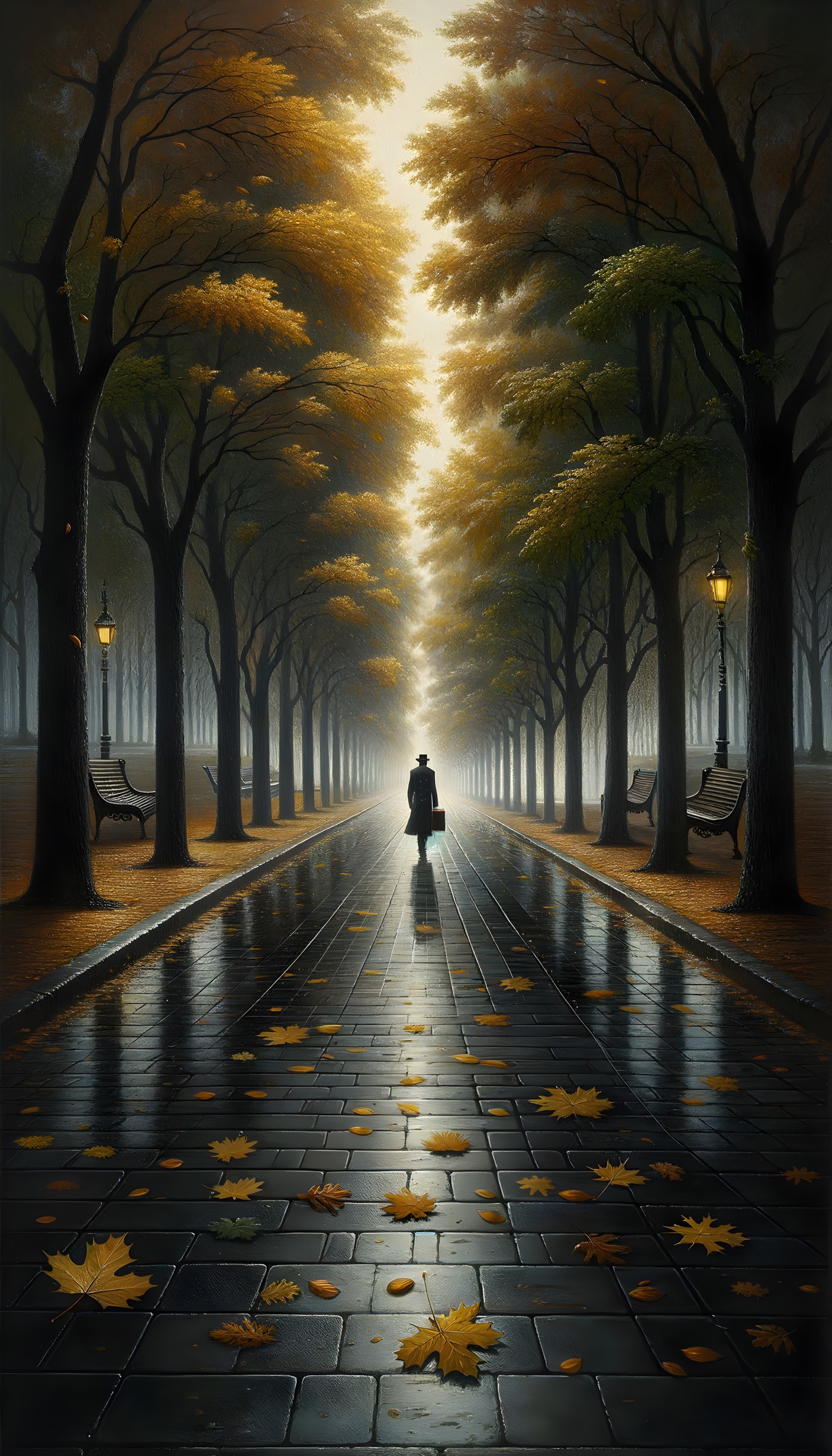 Misty Autumn Path with Solitary Figure and Trees