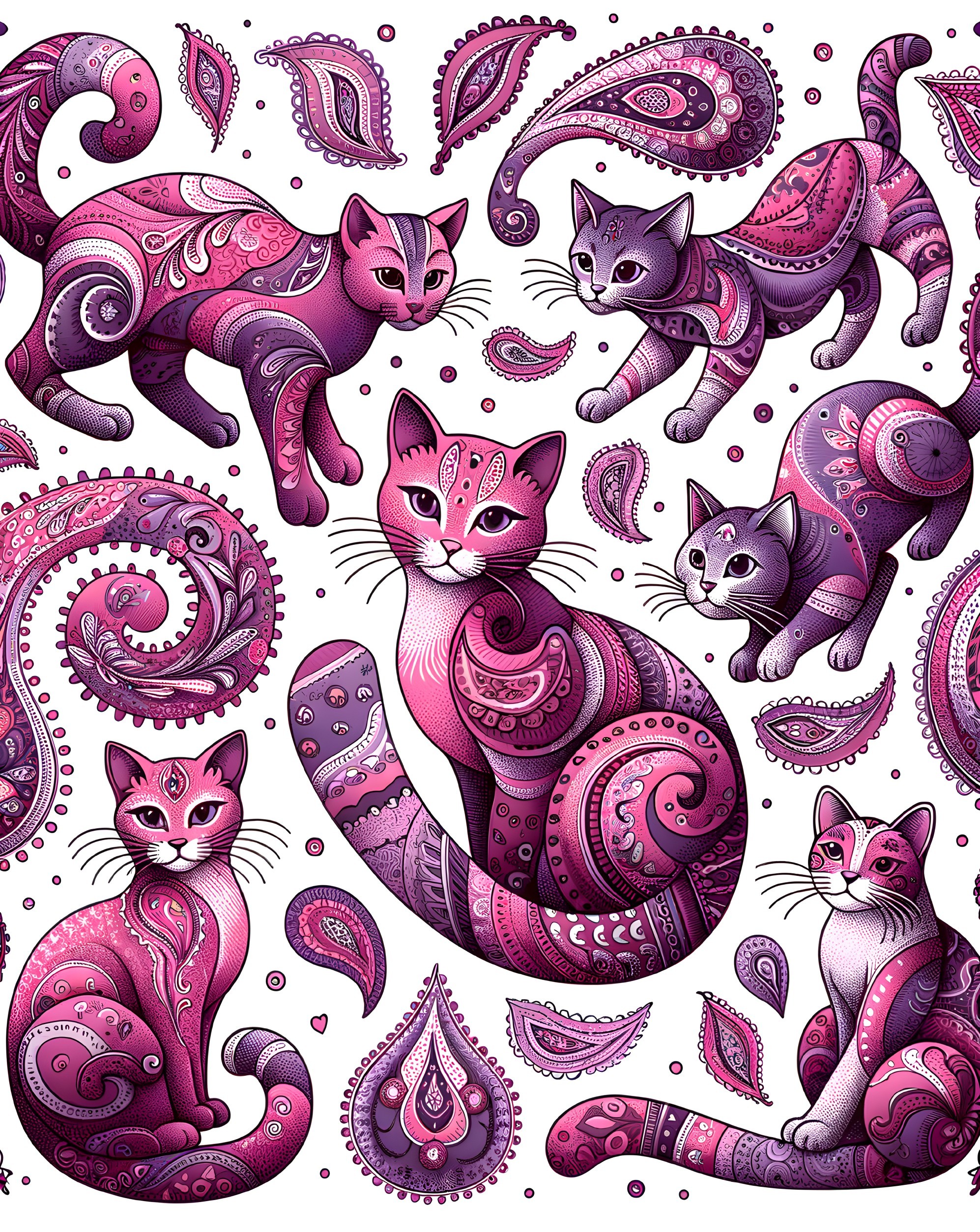 Vibrant Pattern of Cats with Paisley Motifs