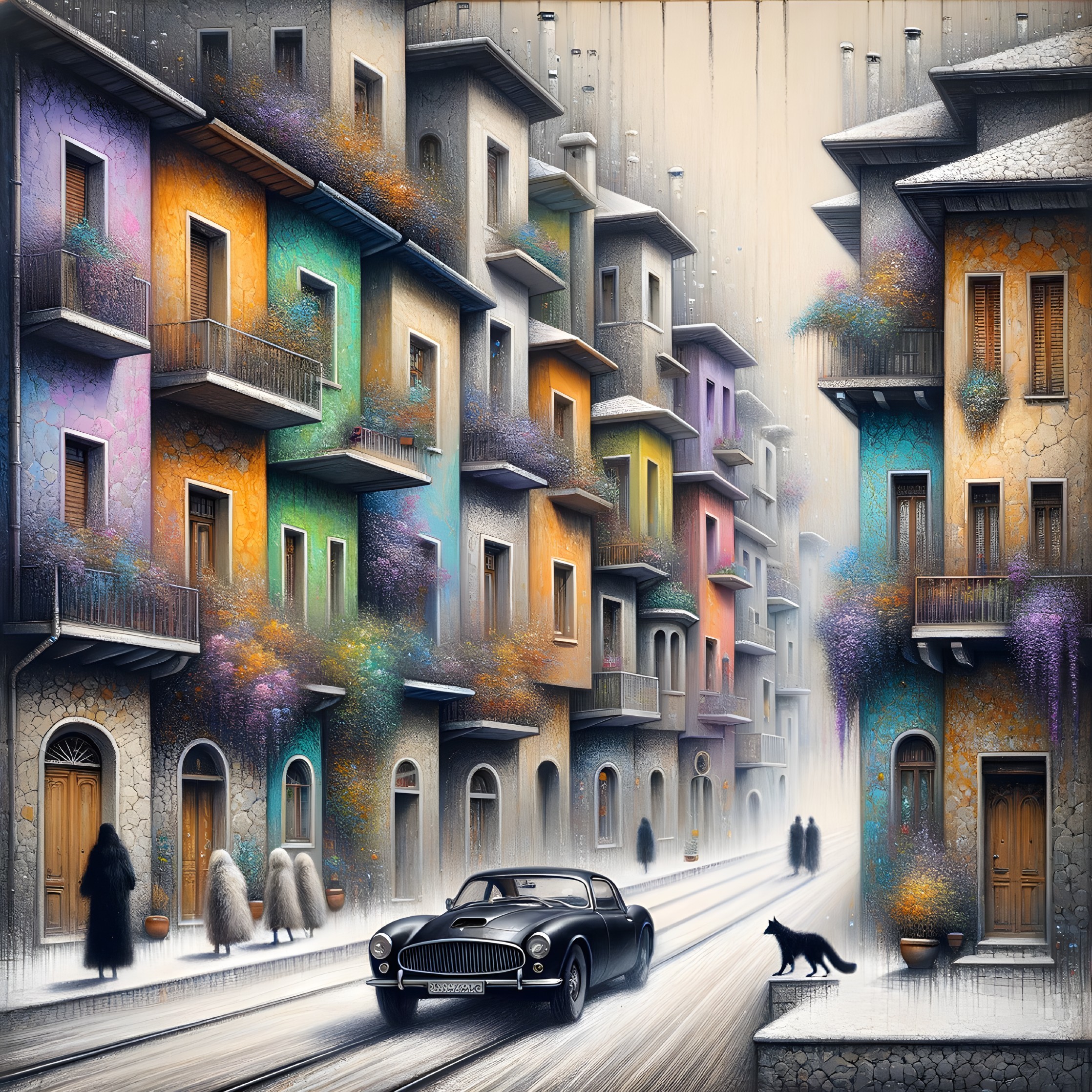 Charming Colorful Street with Vintage Car and Cat