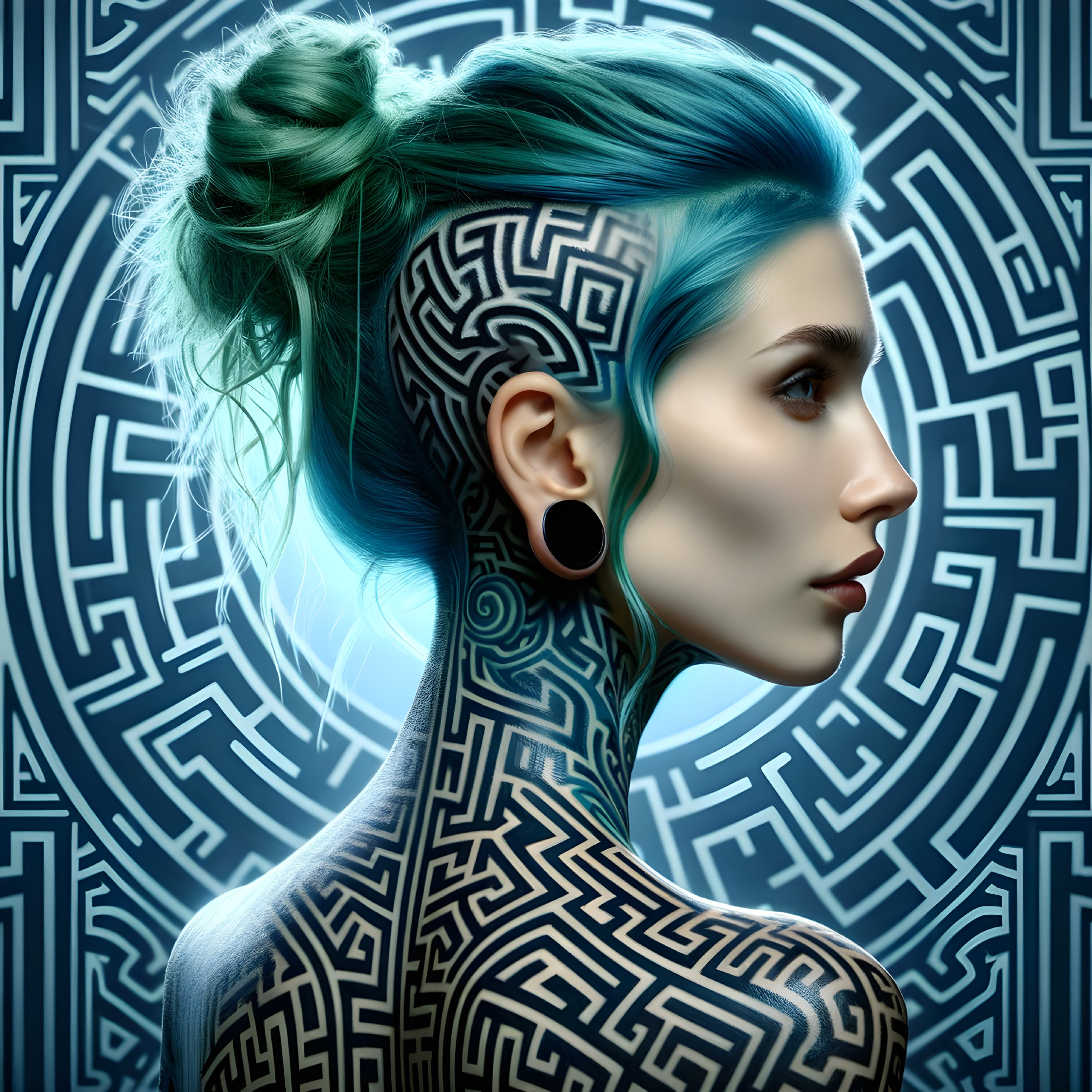 Woman with Maze Tattoos and Teal Hair in Blue Background