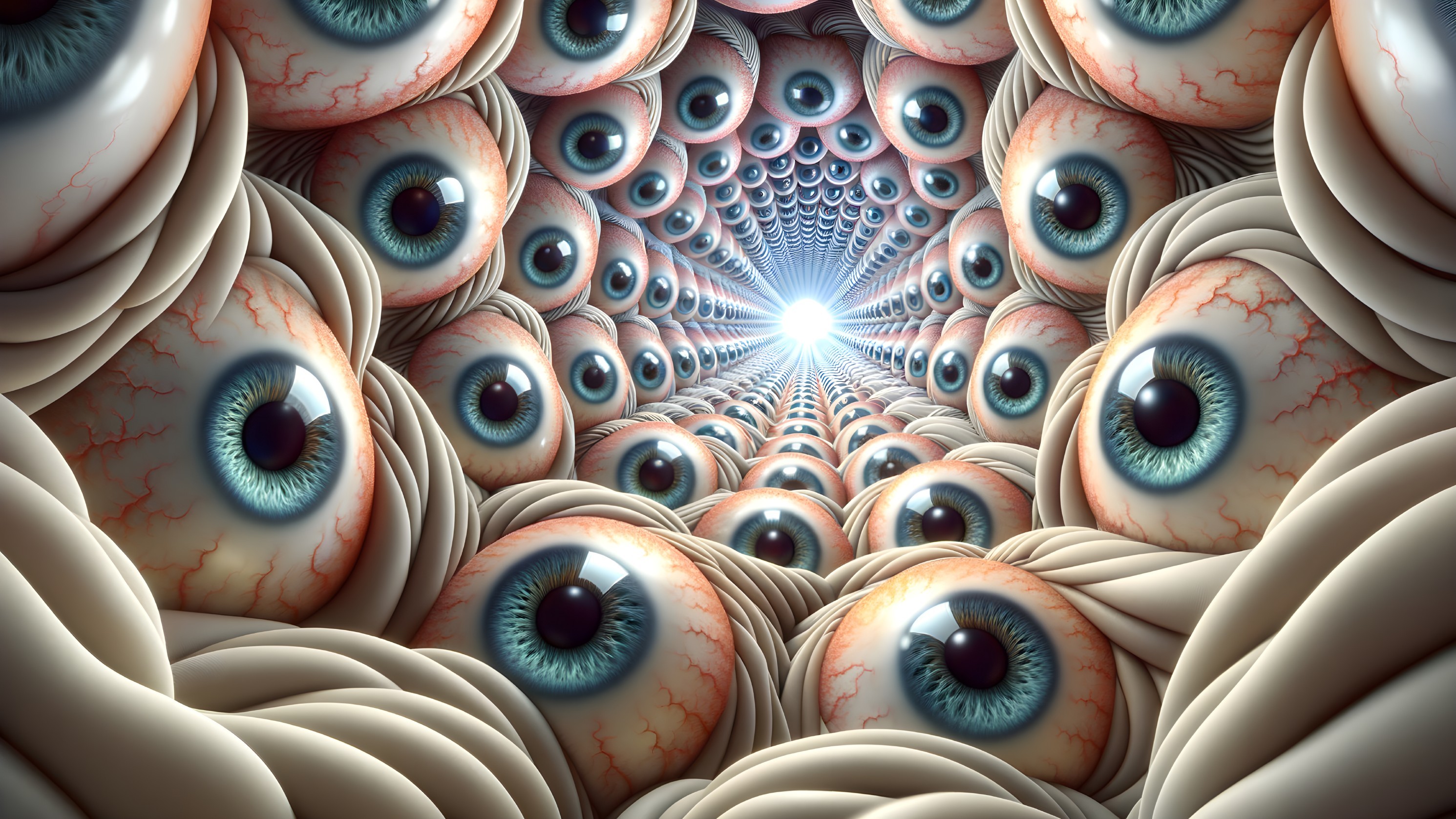 Surreal Spiral of Eyeballs with Vibrant Blue Irises