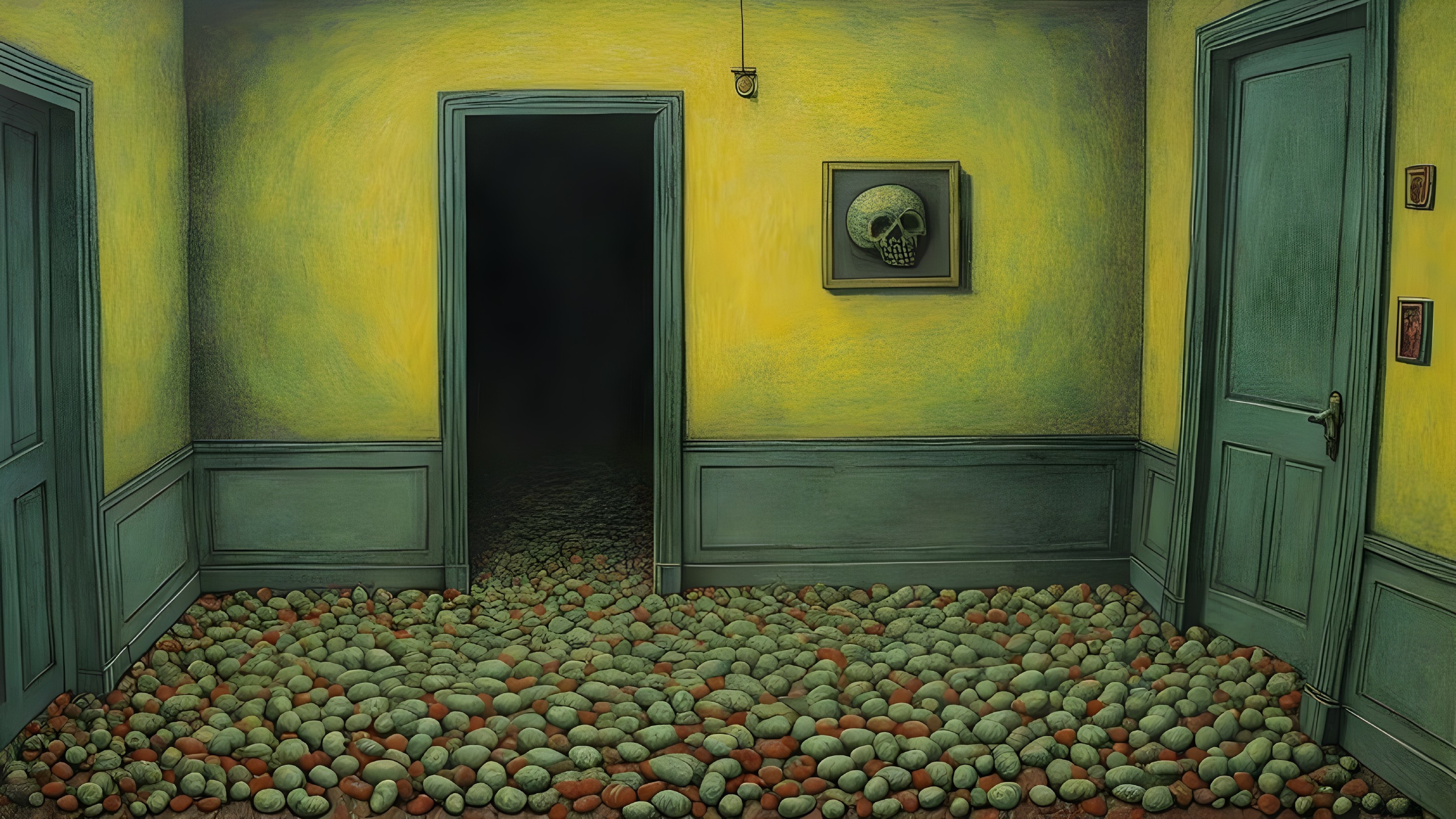 Dimly Lit Room with Colorful Stone Floor and Skull